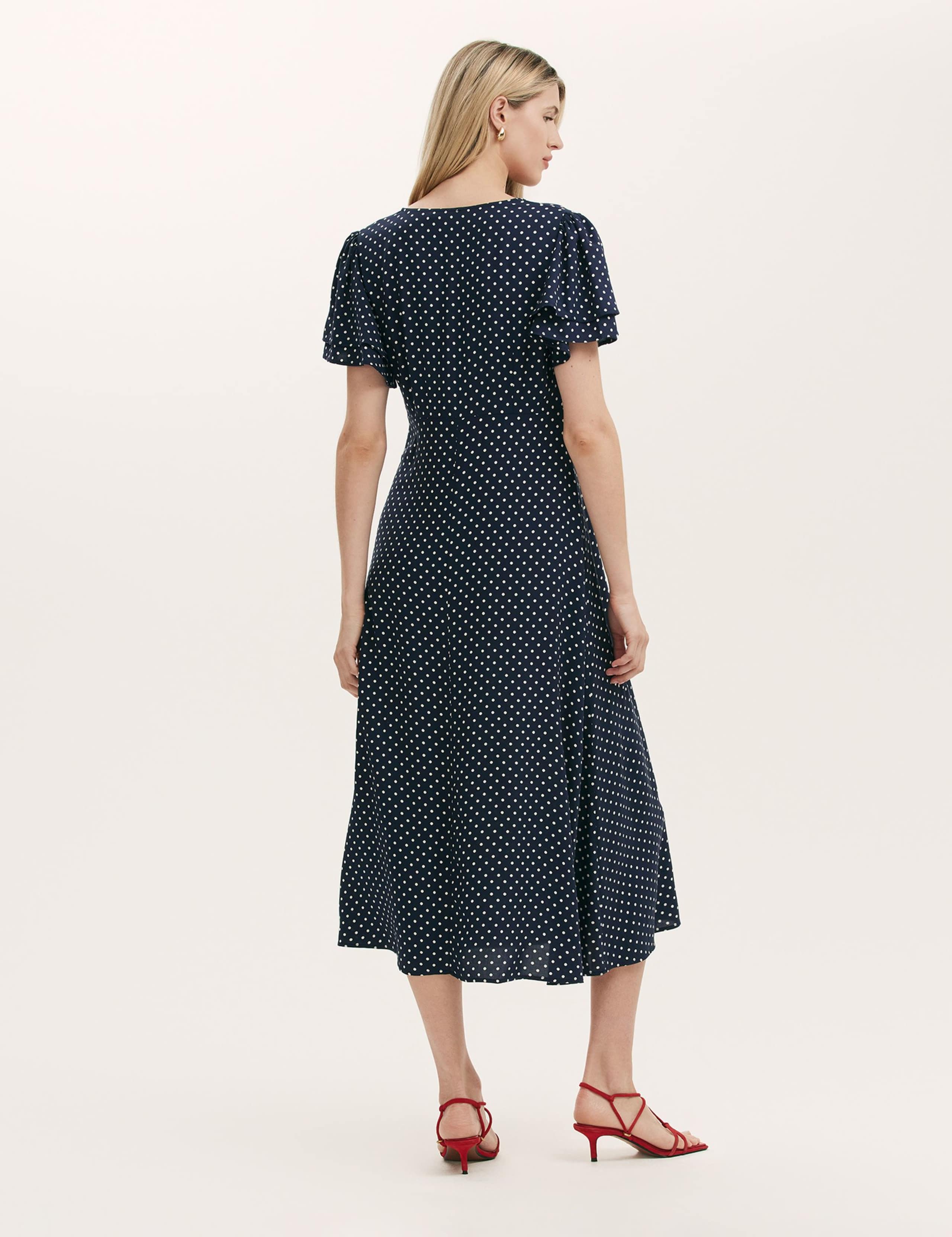 Polka Dot V-Neck Angel Sleeve Midi Tea Dress 3 of 5