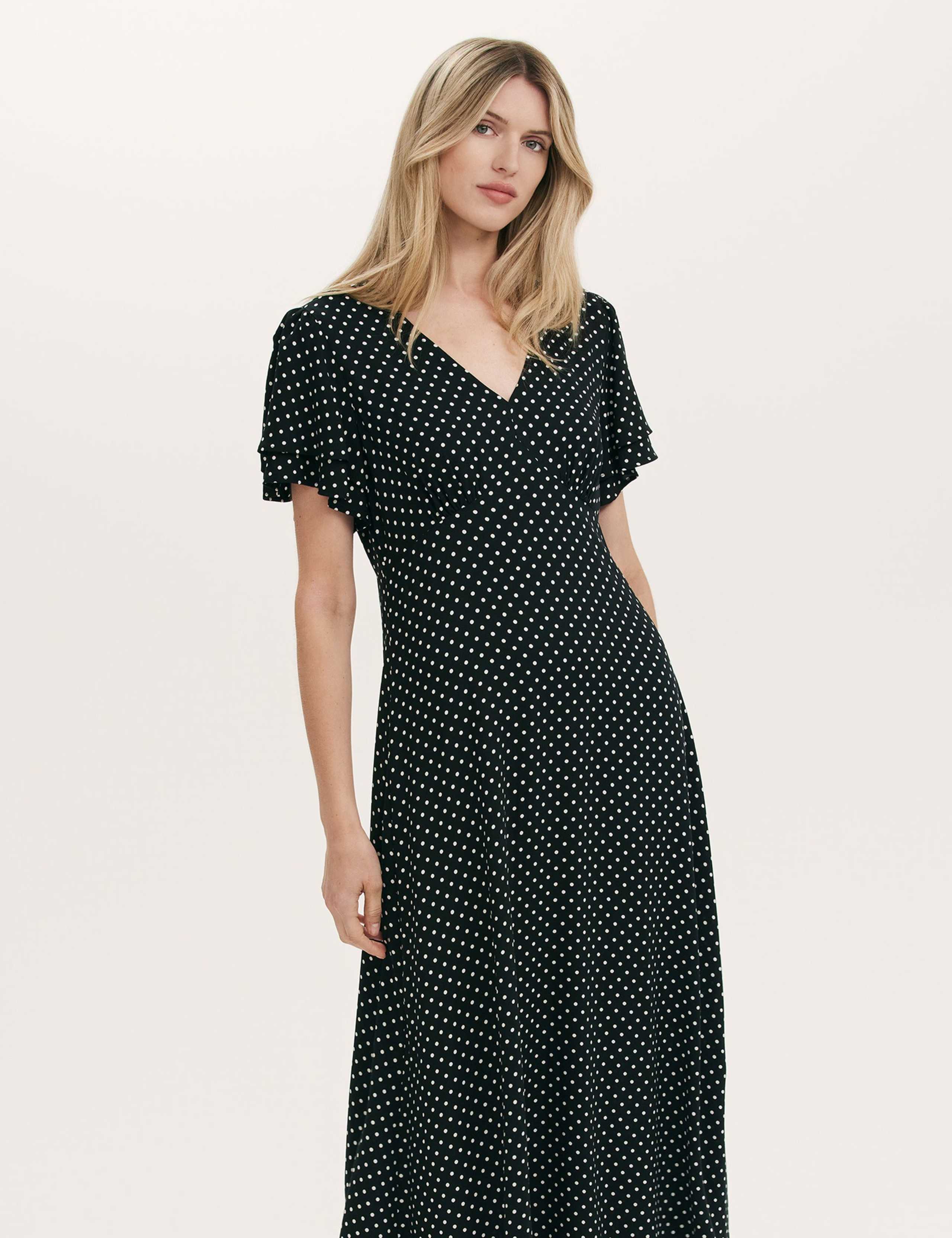 Polka Dot V-Neck Angel Sleeve Midi Tea Dress 2 of 4