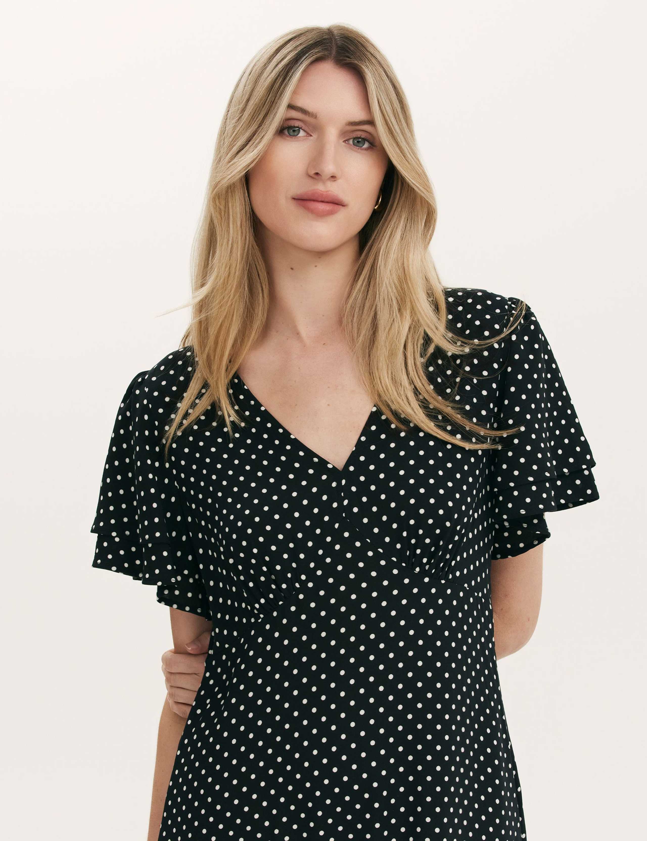 Polka Dot V-Neck Angel Sleeve Midi Tea Dress 4 of 4