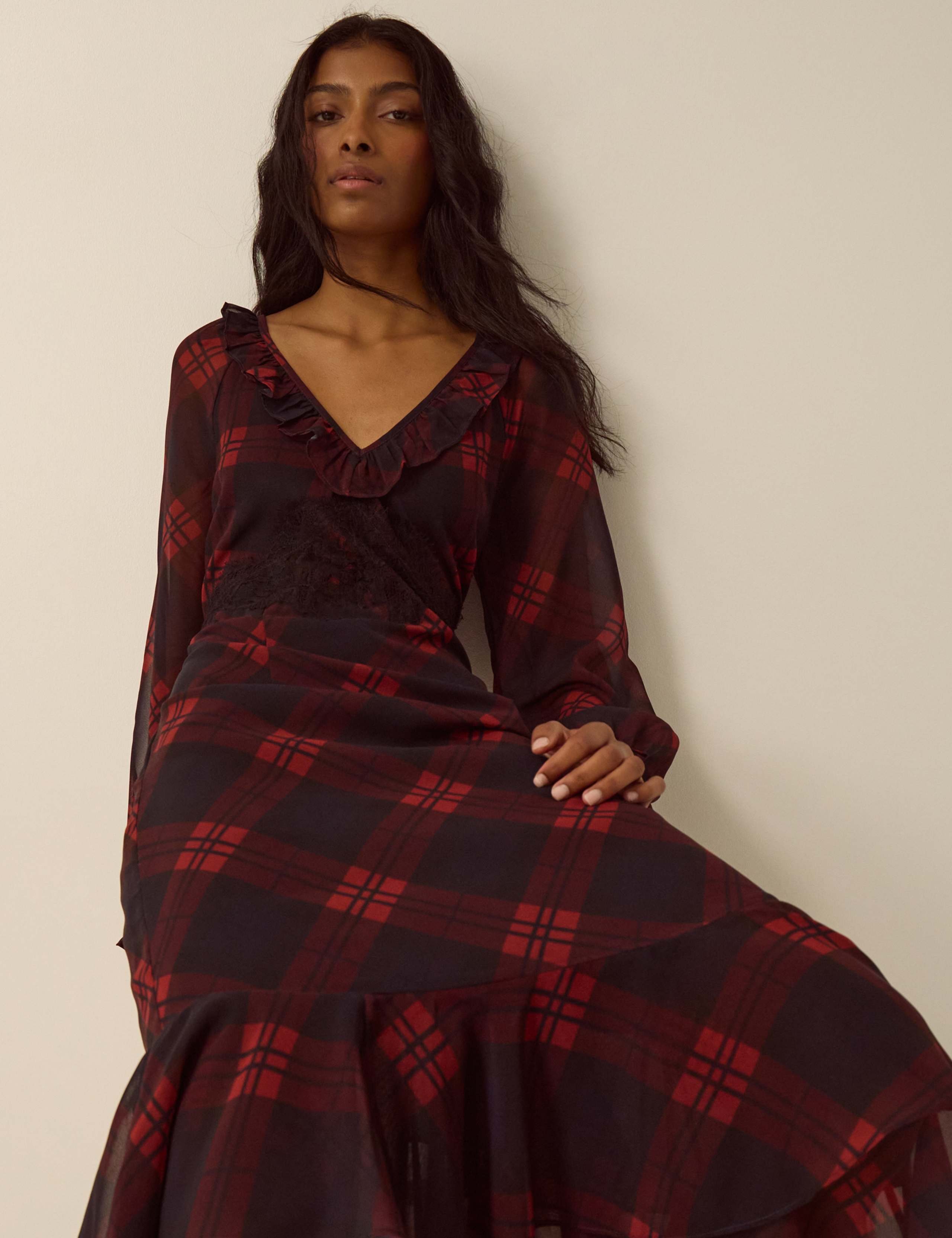 Checked Lace V Neck Zip Up Maxi Tea Dress 3 of 6