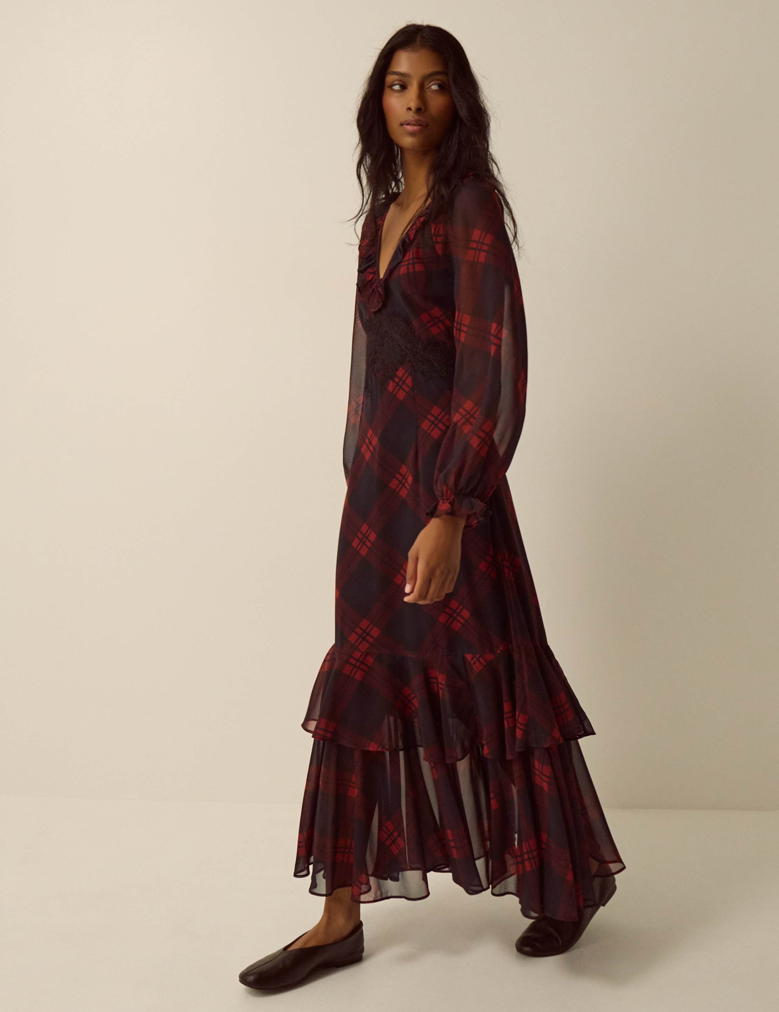 Checked Lace V Neck Zip Up Maxi Tea Dress 4 of 6