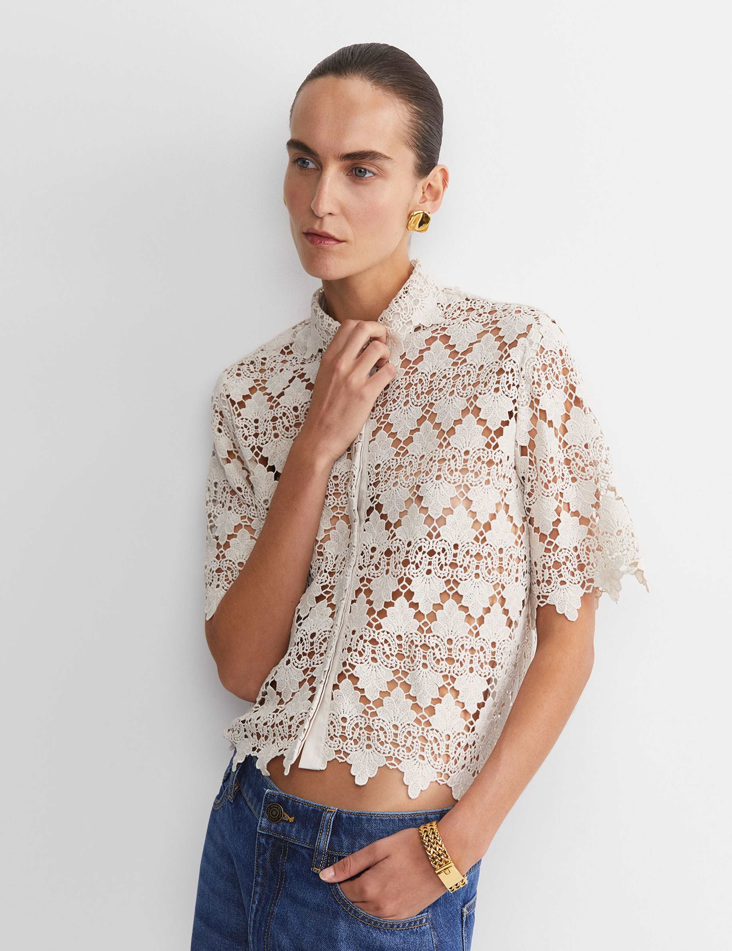 Pure Cotton Lace Collared Cropped Shirt 2 of 5