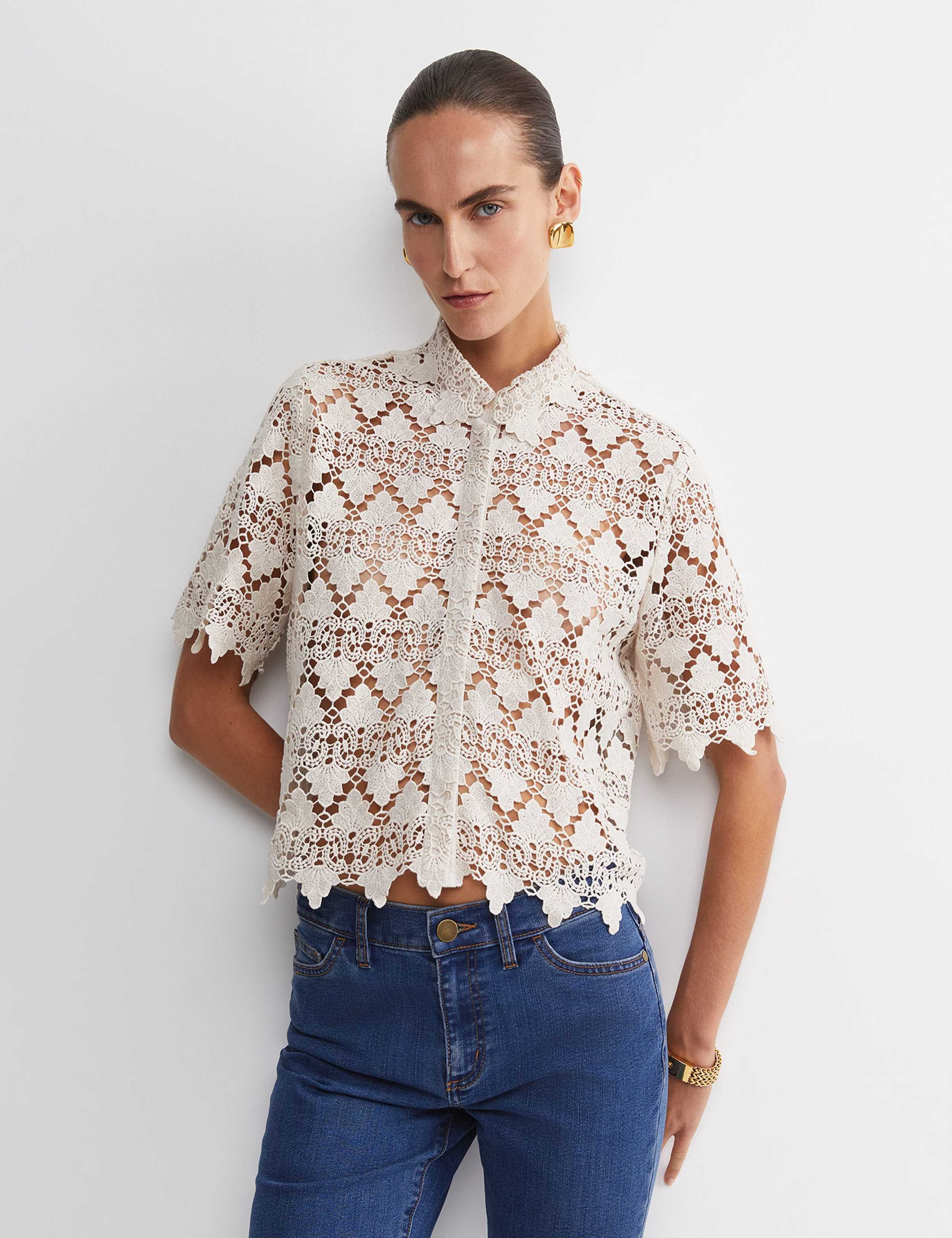 Pure Cotton Lace Collared Cropped Shirt 3 of 5