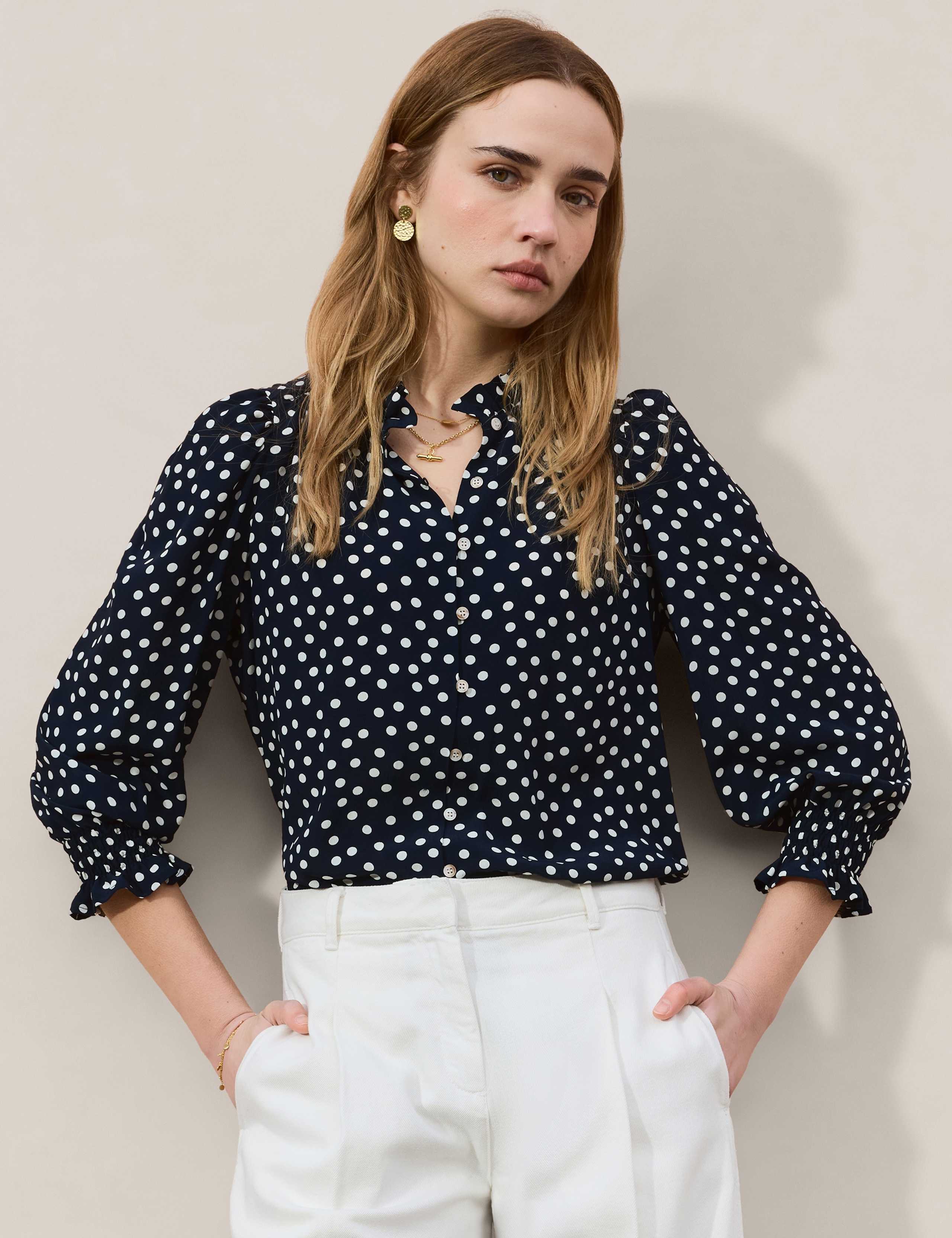 Crepe Polka Dot Collared Puff Sleeve Blouse 1 of 5