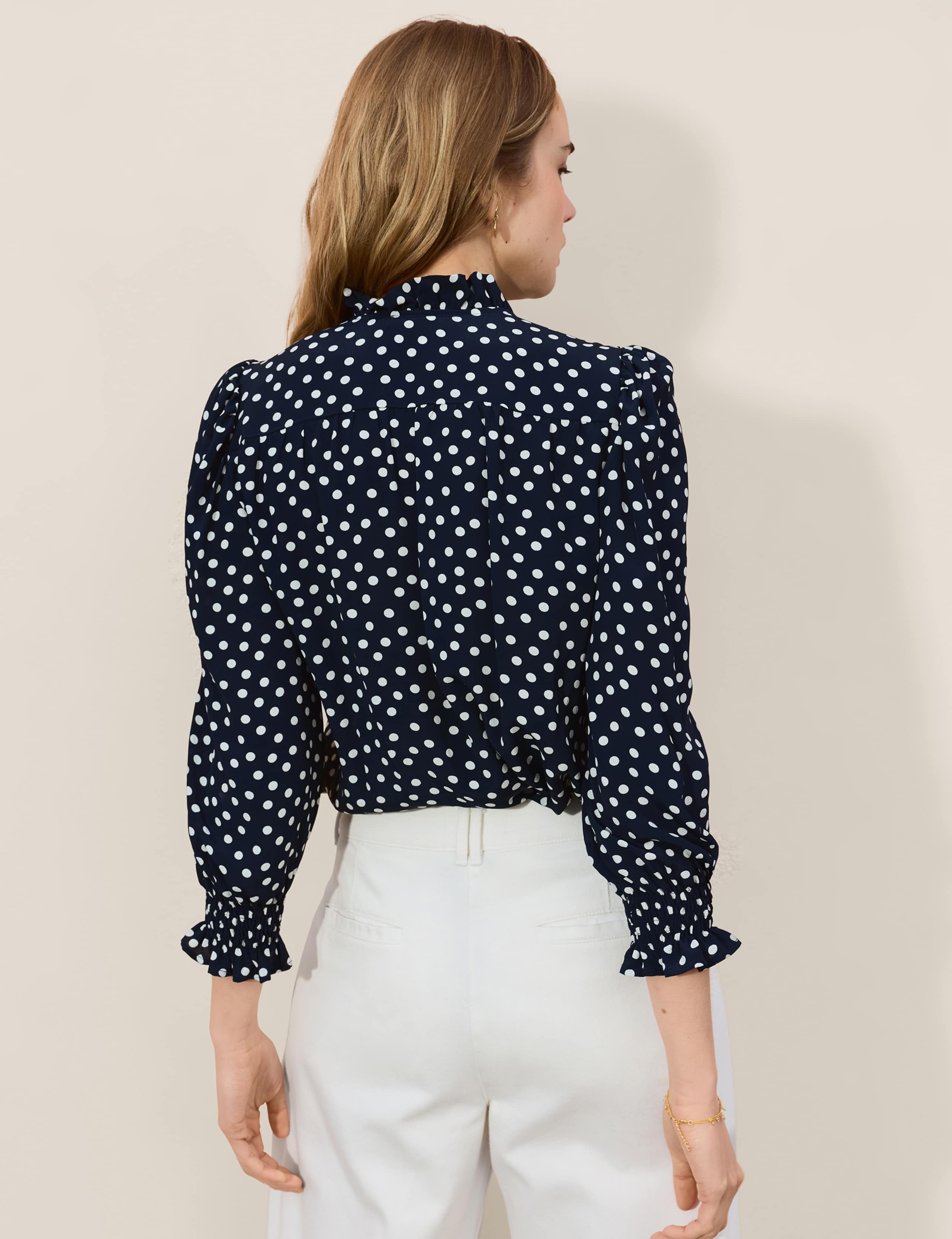 Crepe Polka Dot Collared Puff Sleeve Blouse 3 of 5
