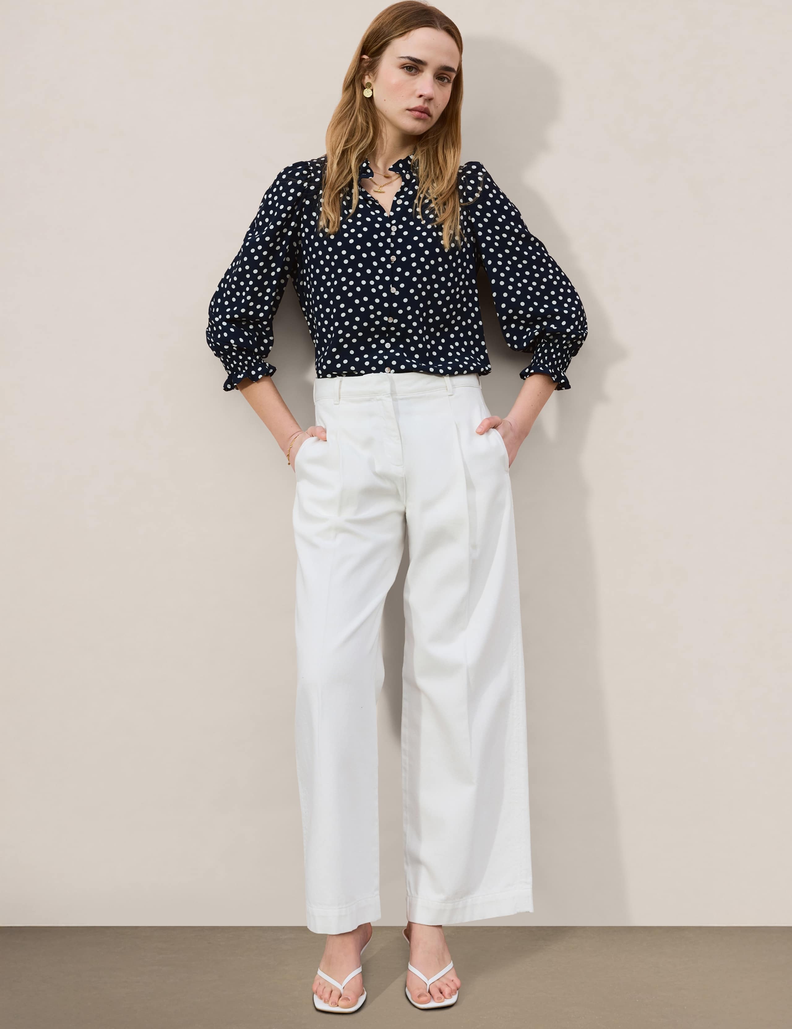 Crepe Polka Dot Collared Puff Sleeve Blouse 4 of 5