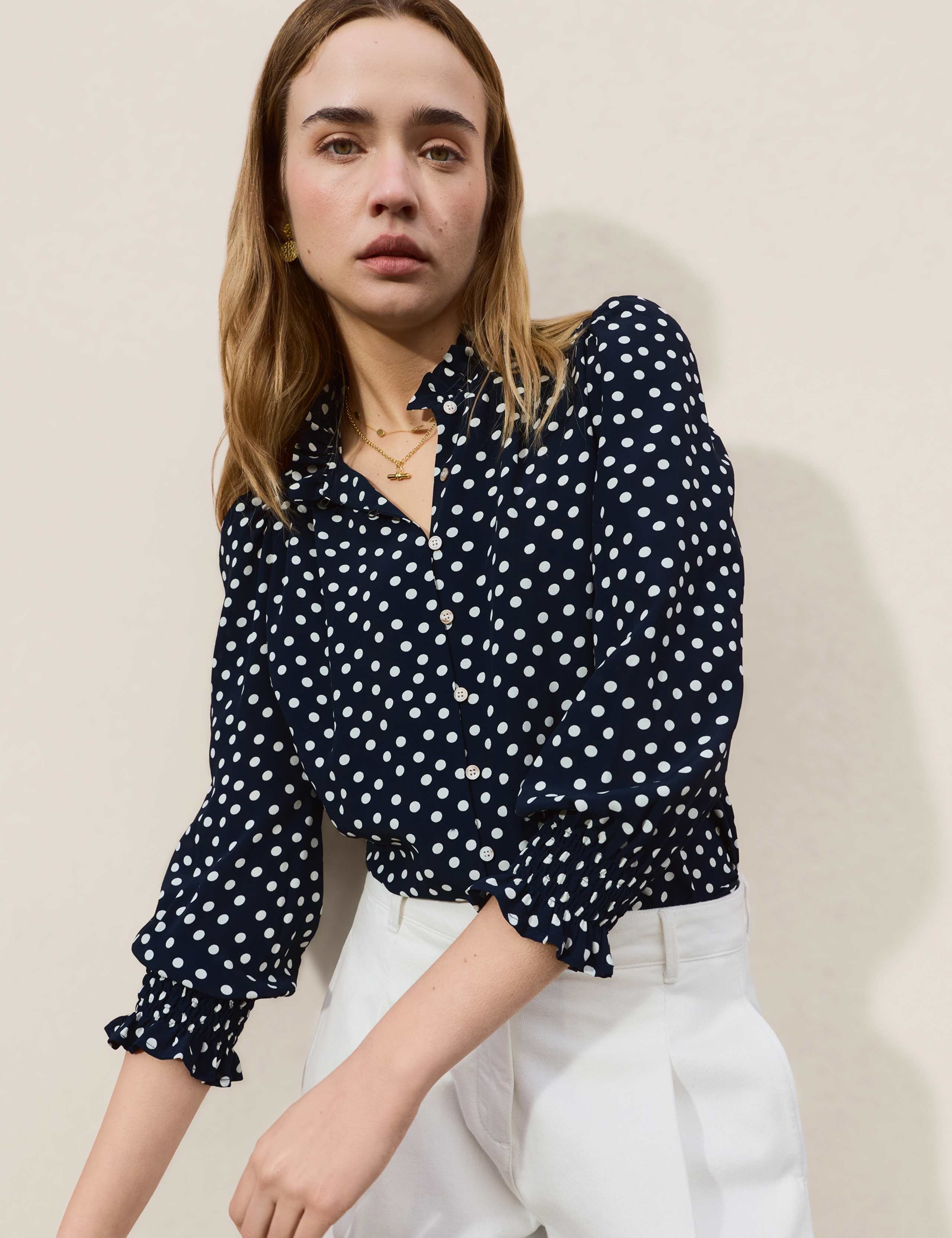 Crepe Polka Dot Collared Puff Sleeve Blouse 5 of 5