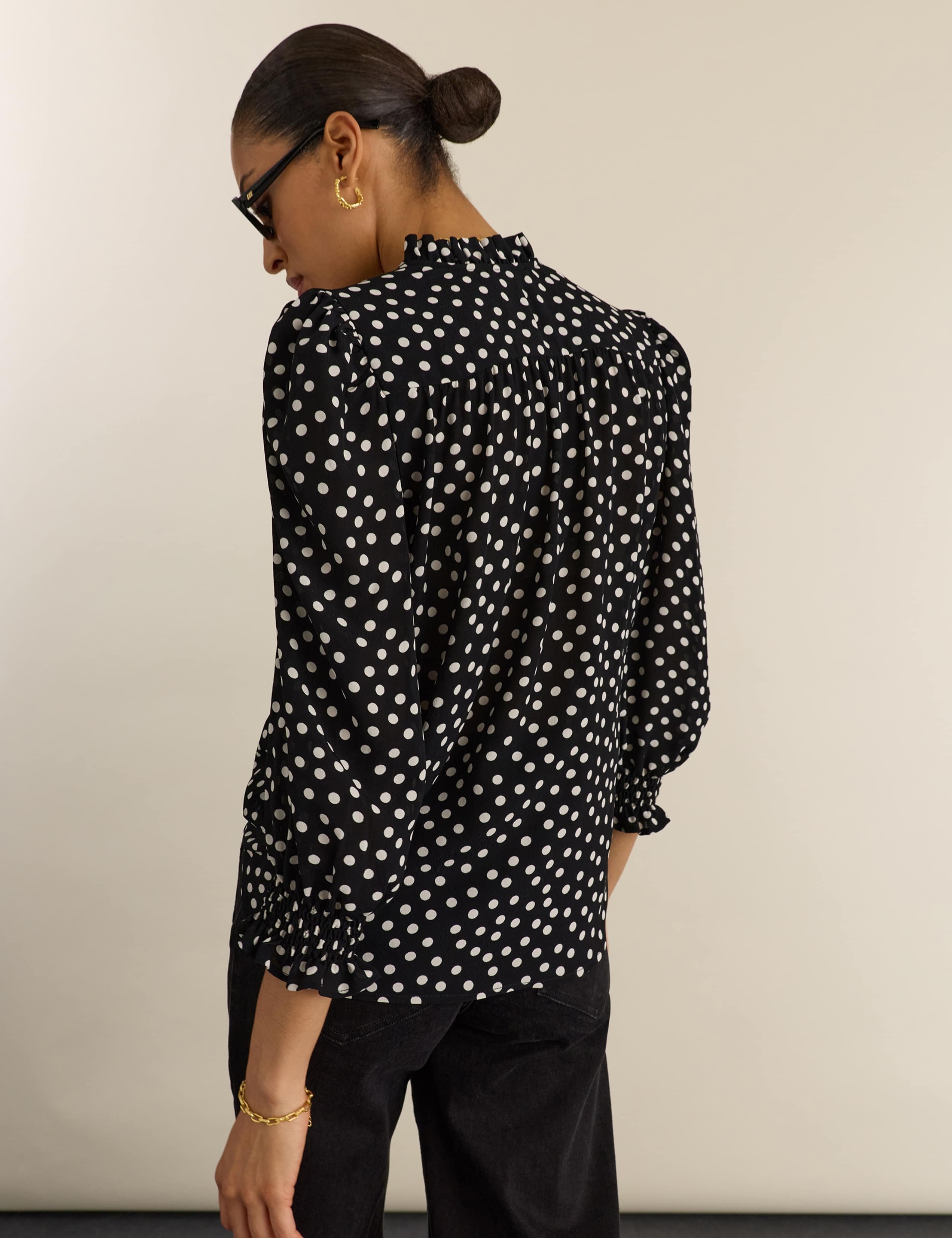 Crepe Polka Dot Collared Puff Sleeve Blouse 3 of 6