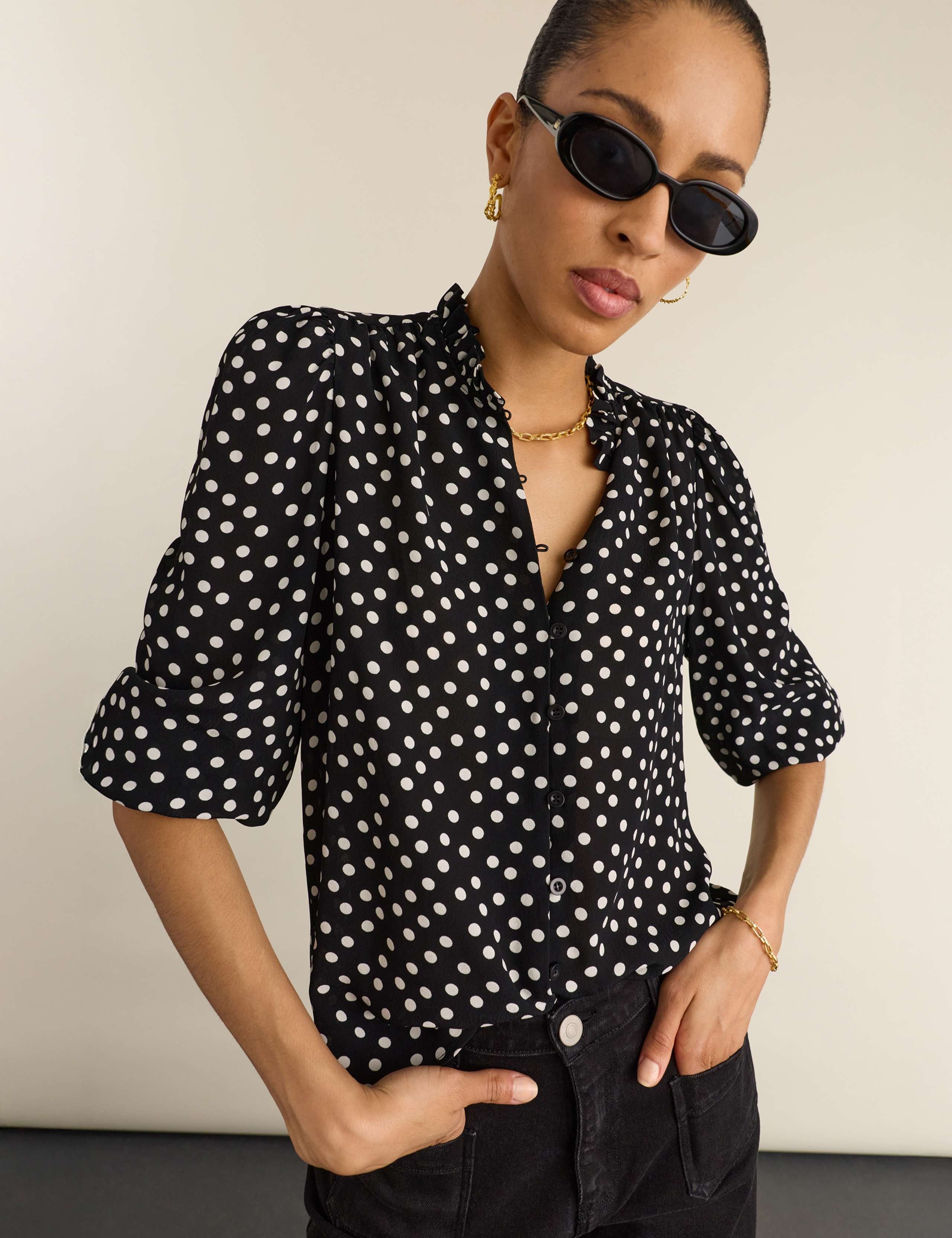 Crepe Polka Dot Collared Puff Sleeve Blouse 4 of 6