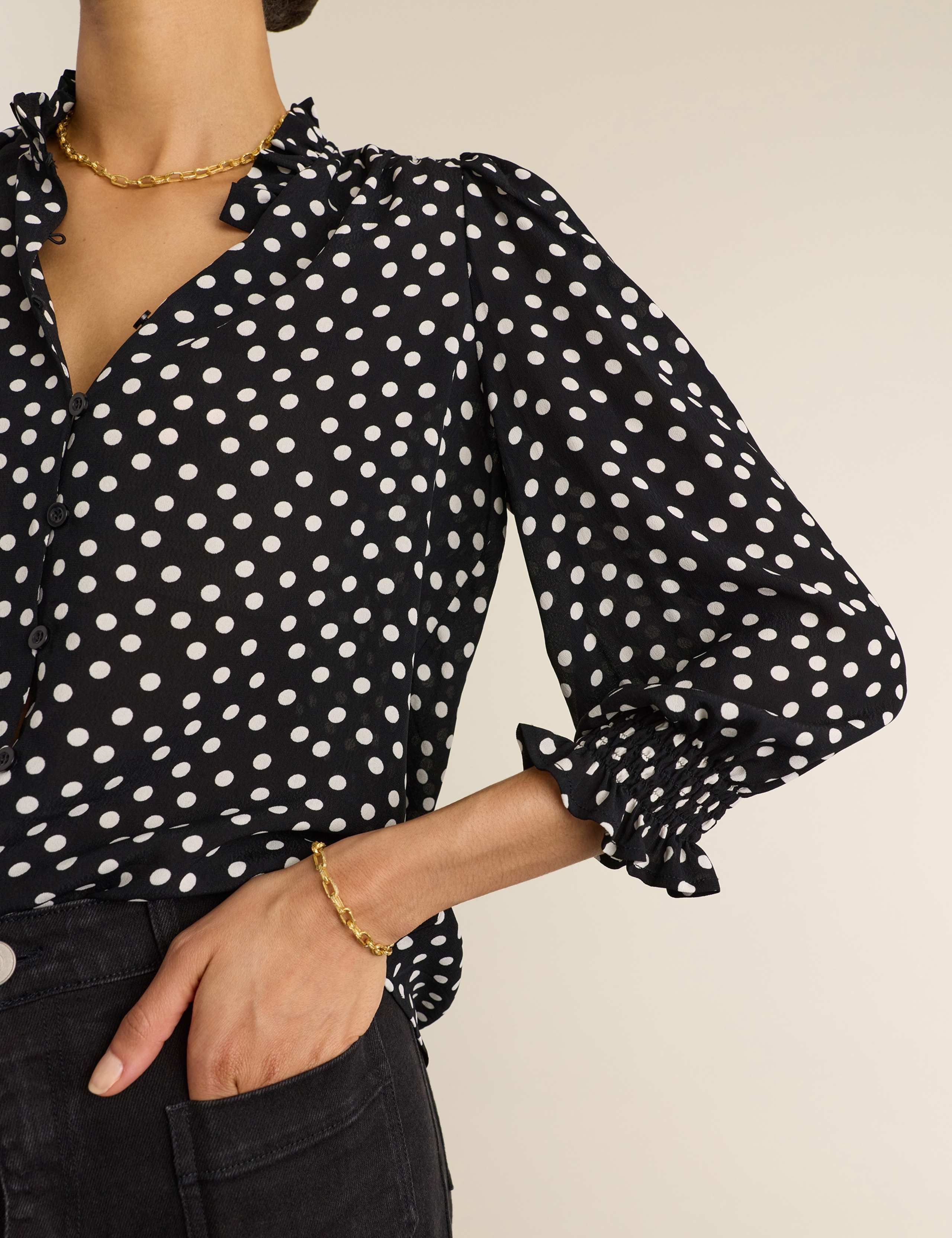 Crepe Polka Dot Collared Puff Sleeve Blouse 6 of 6