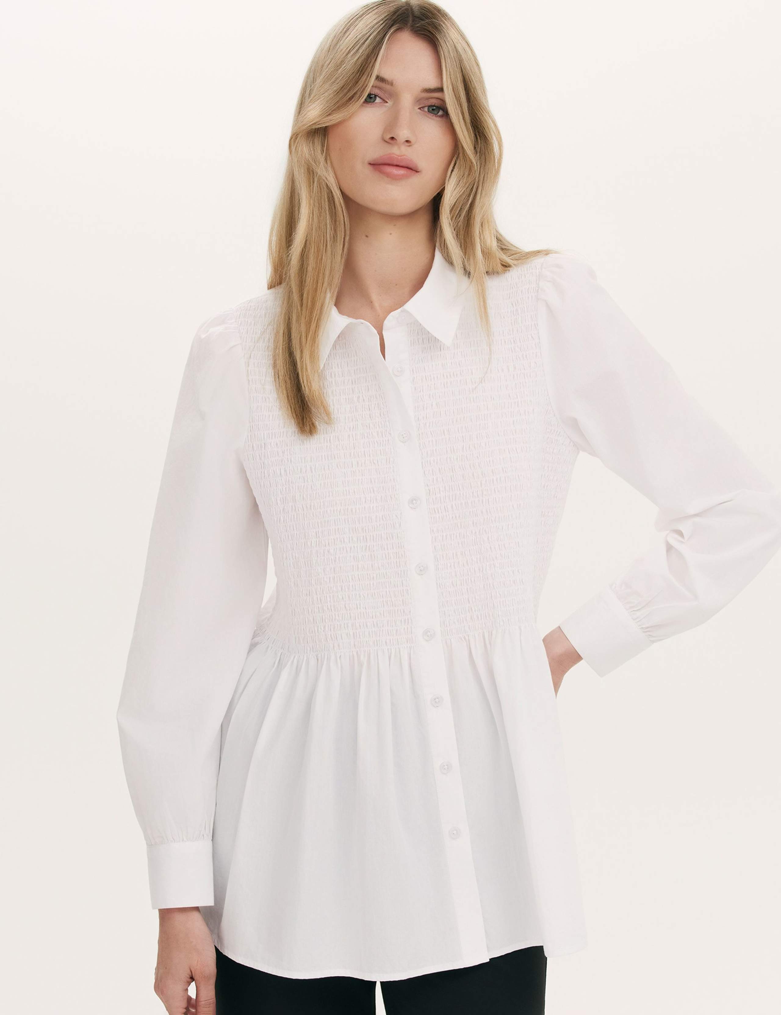 Pure Cotton Collared Shirred Detail Blouson Sleeve Shirt 1 of 5