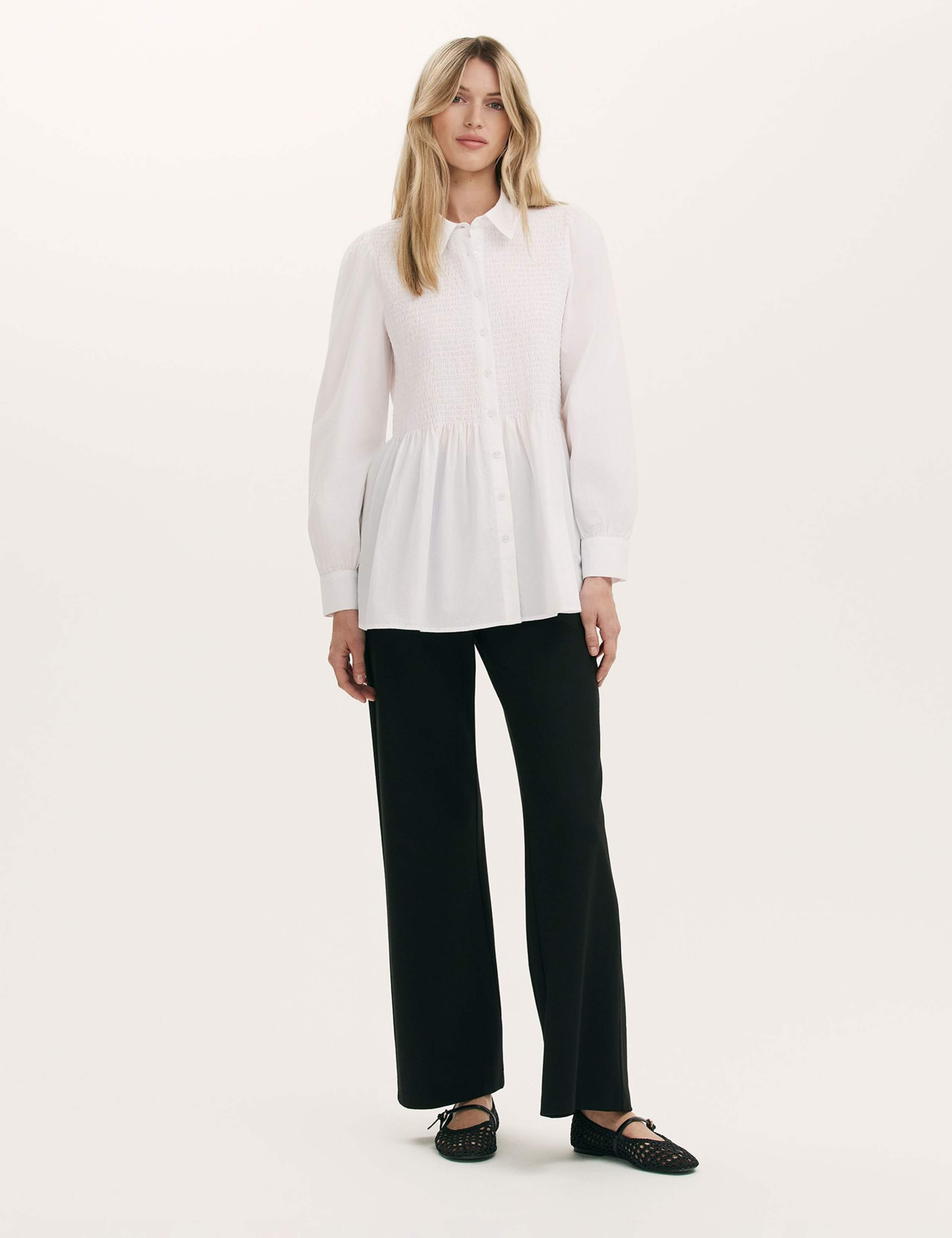 Pure Cotton Collared Shirred Detail Blouson Sleeve Shirt 2 of 5