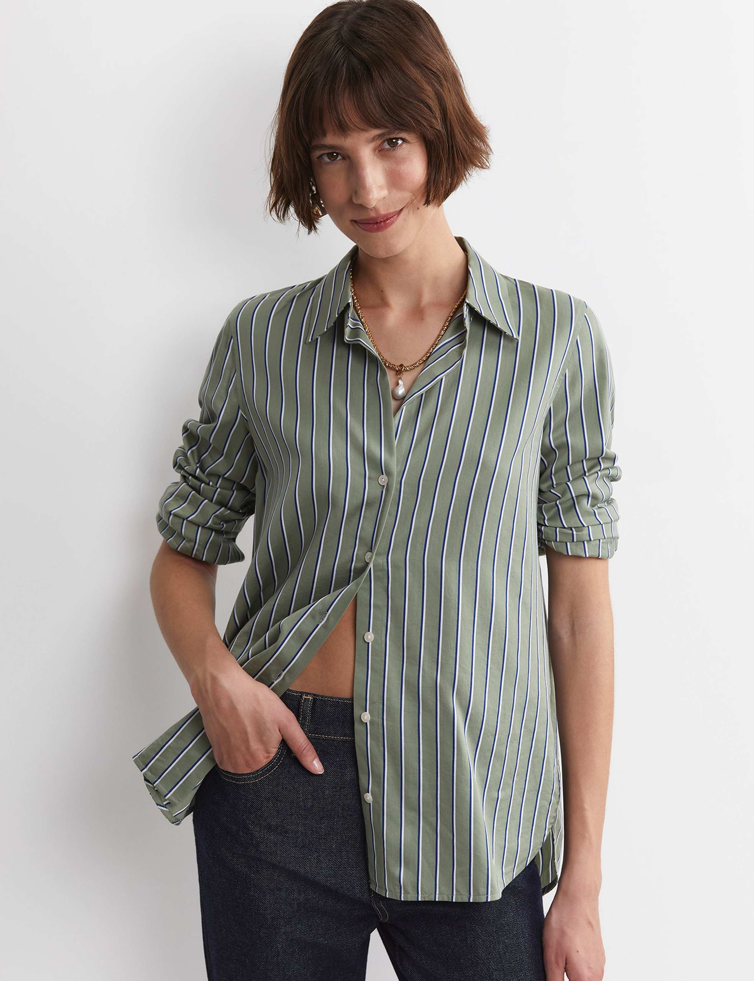 Cotton Rich Striped Collared Shirt with Silk 4 of 6