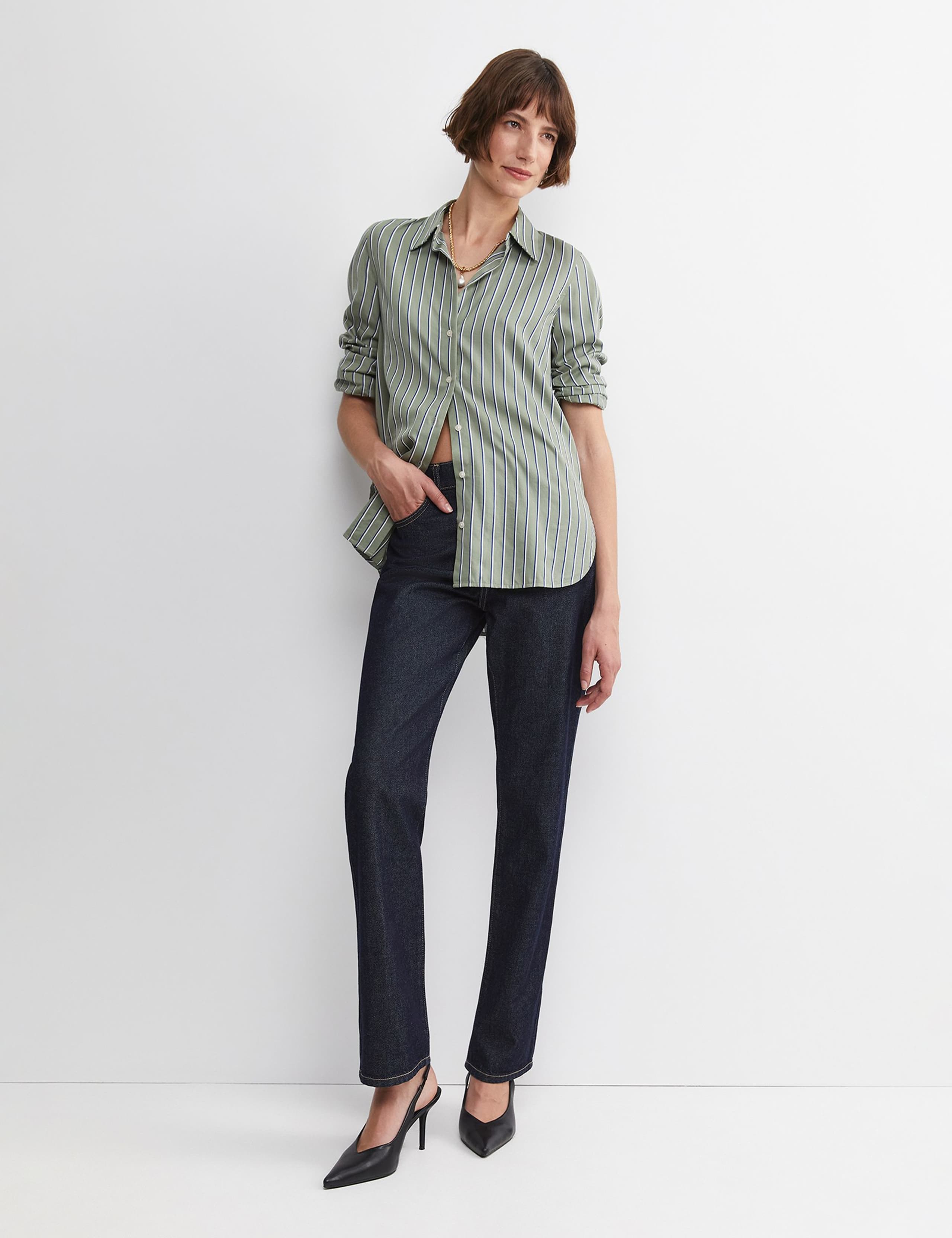 Cotton Rich Striped Collared Shirt with Silk 5 of 6