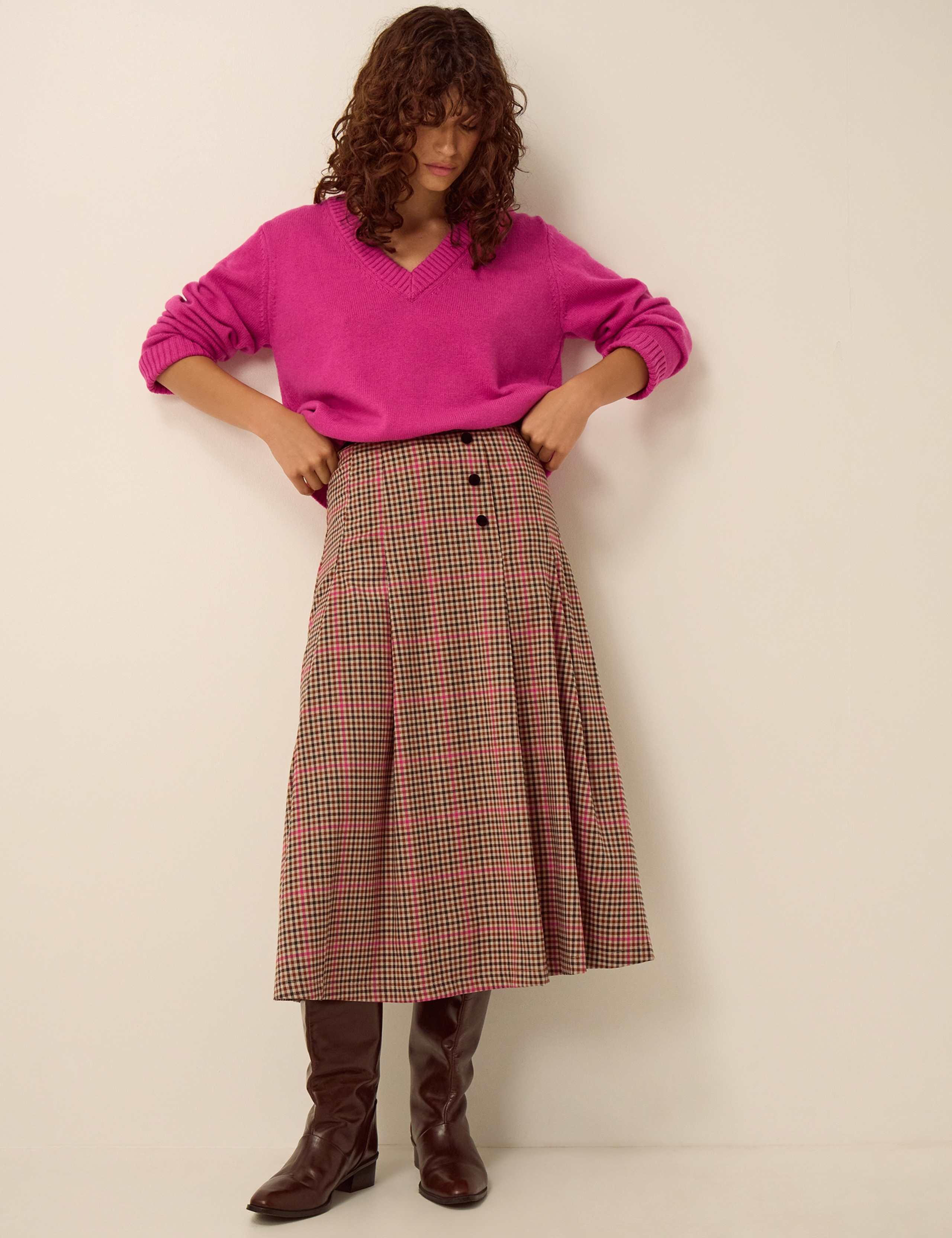 Checked Button Front Midi A Line Skirt 3 of 5