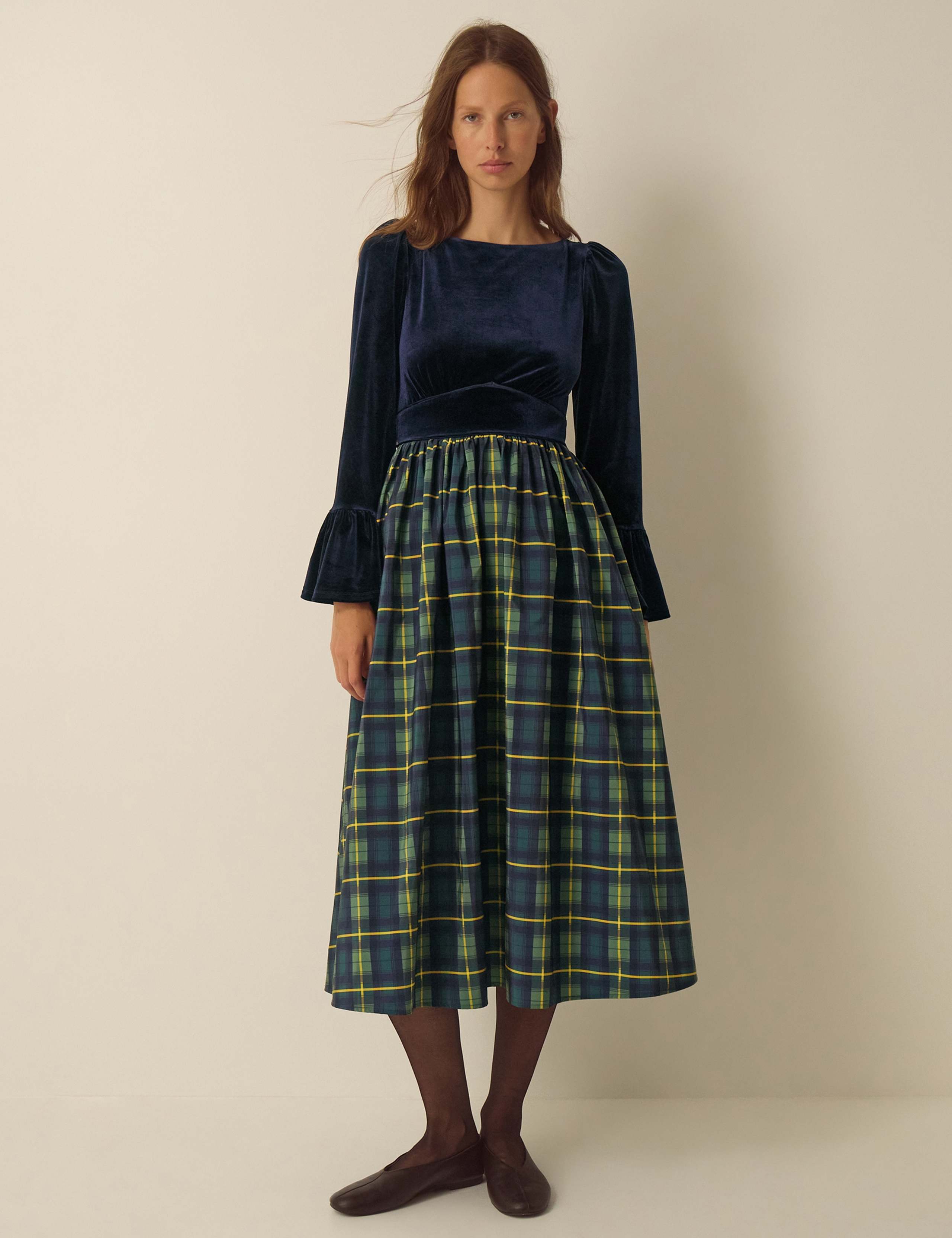 Velvet Checked Slash Neck Midi Dress 2 of 5