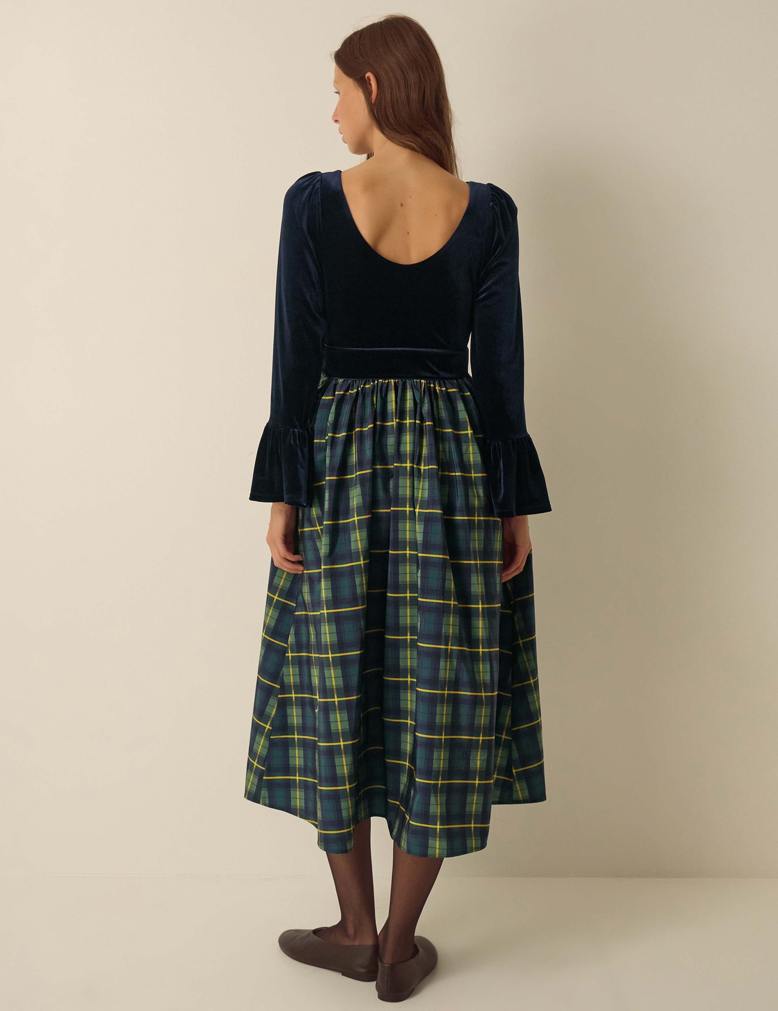Velvet Checked Slash Neck Midi Dress 3 of 5