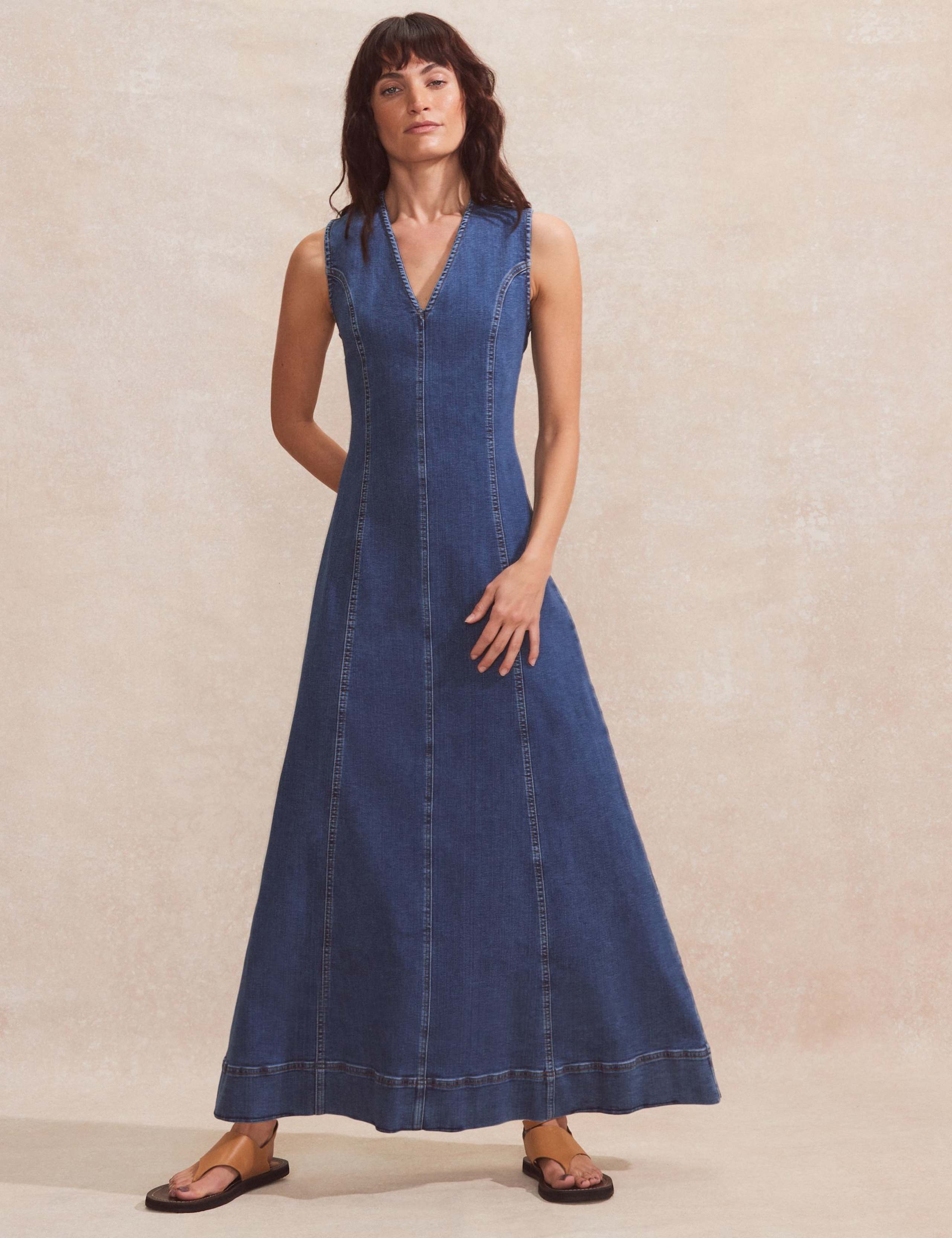 Denim V-Neck Maxi Skater Dress 2 of 5