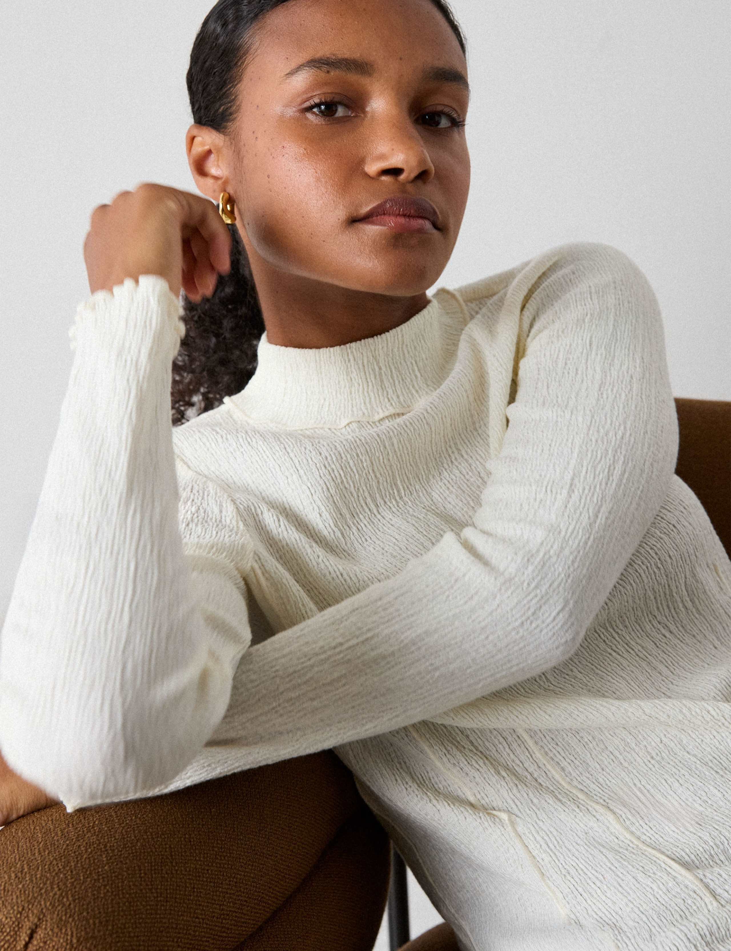 Cotton Blend Textured Roll Neck Top 1 of 5
