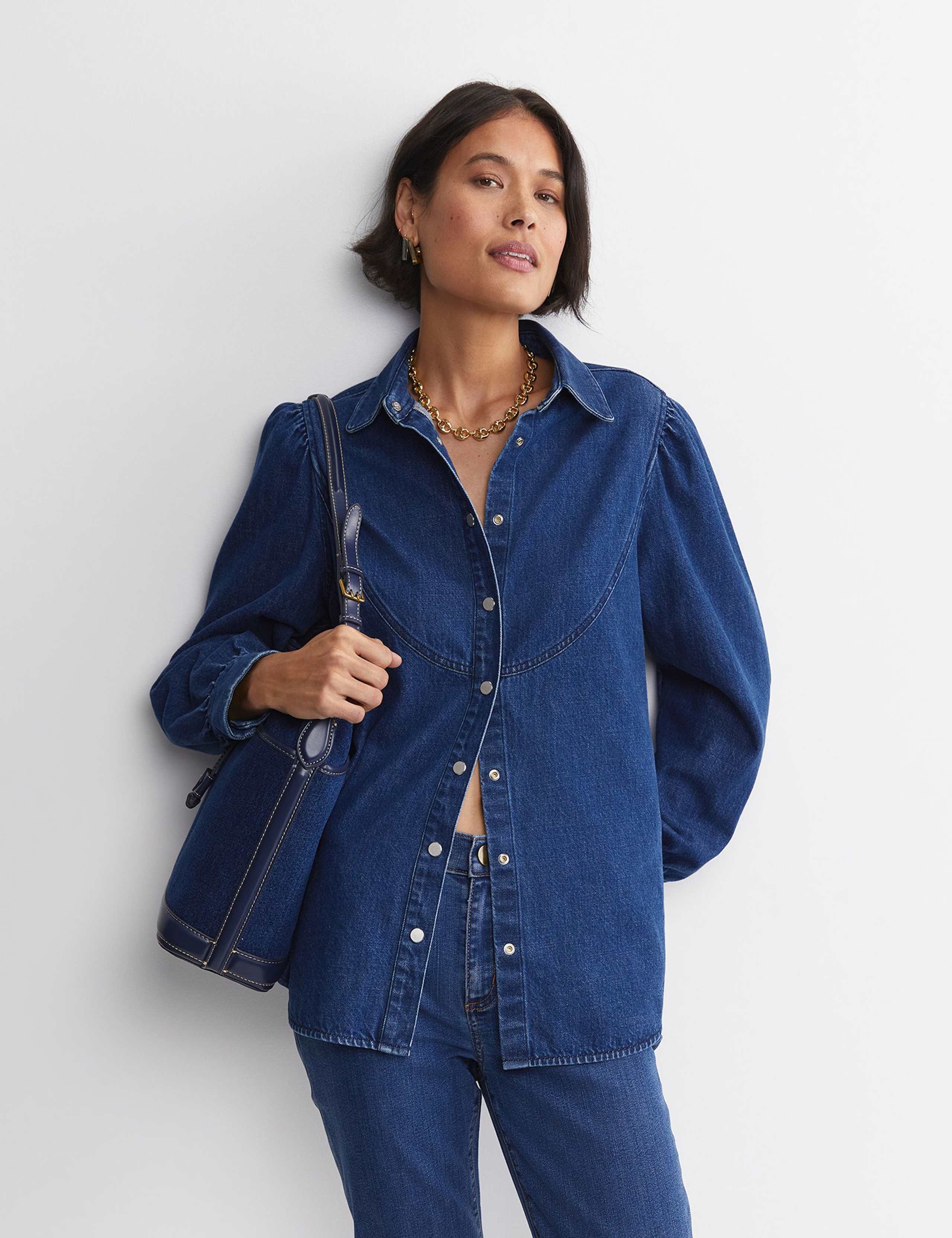 Denim Collared Bib Detail Shirt 2 of 6