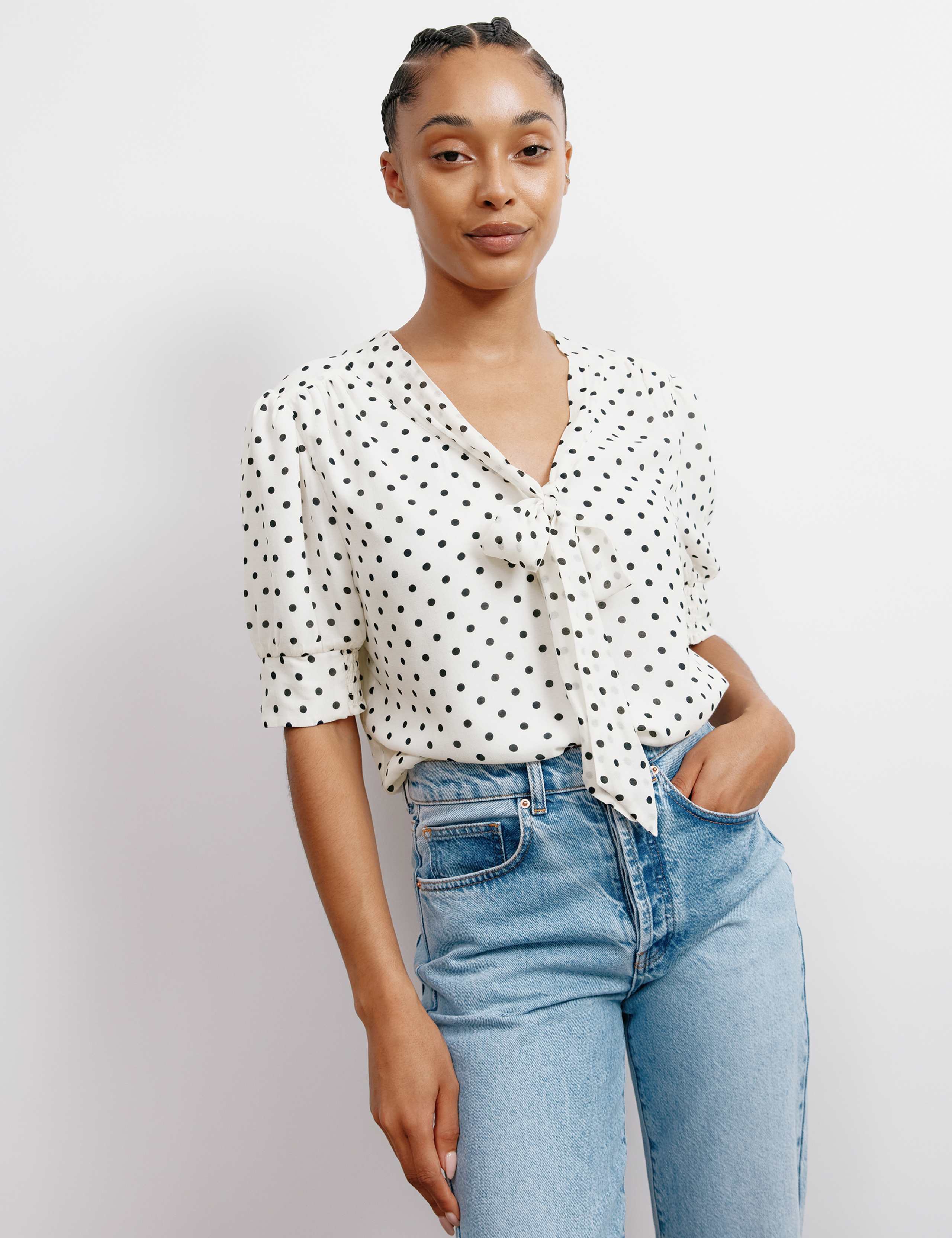 Polka Dot V-Neck Tie Detail Blouse 3 of 5
