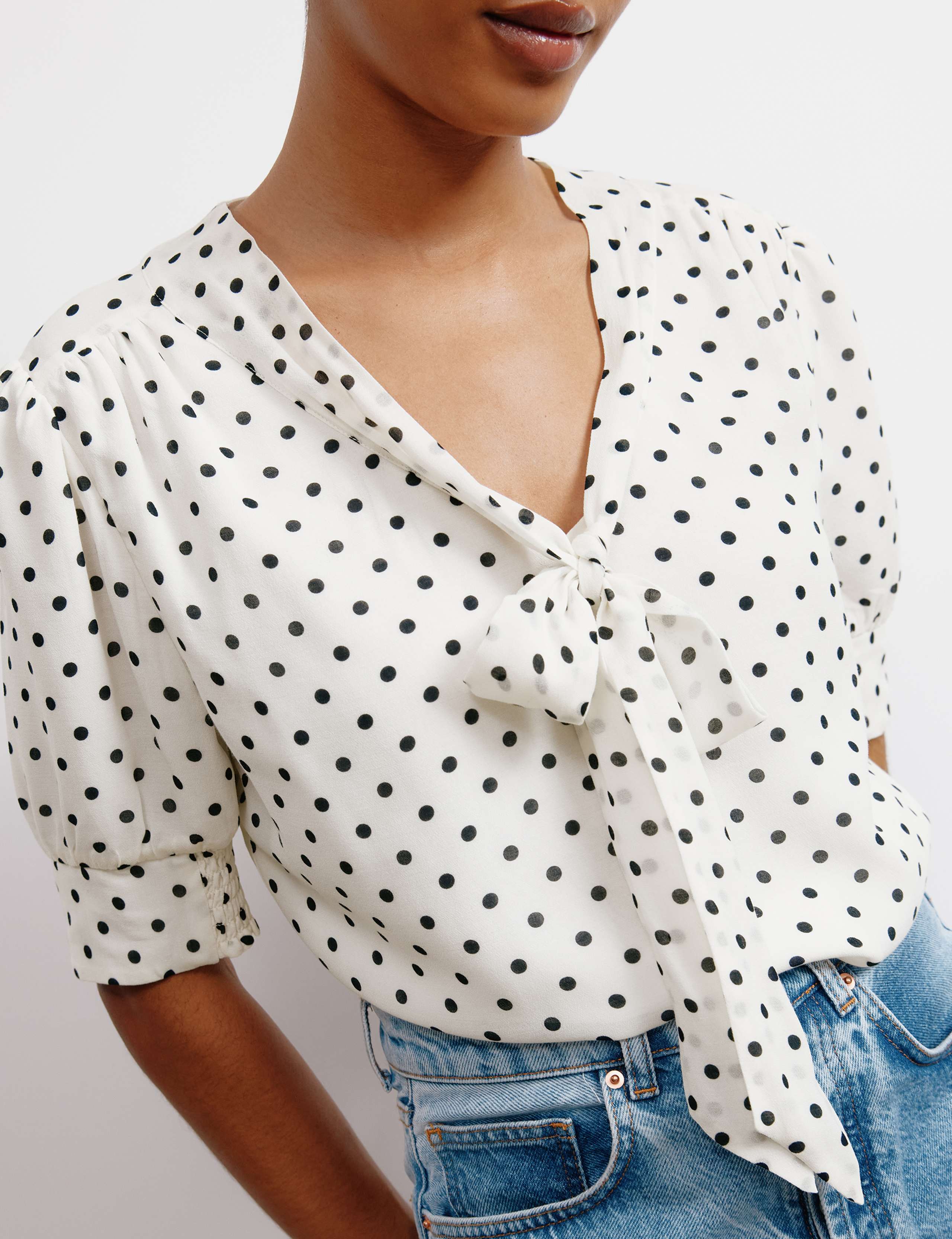 Polka Dot V-Neck Tie Detail Blouse 4 of 5