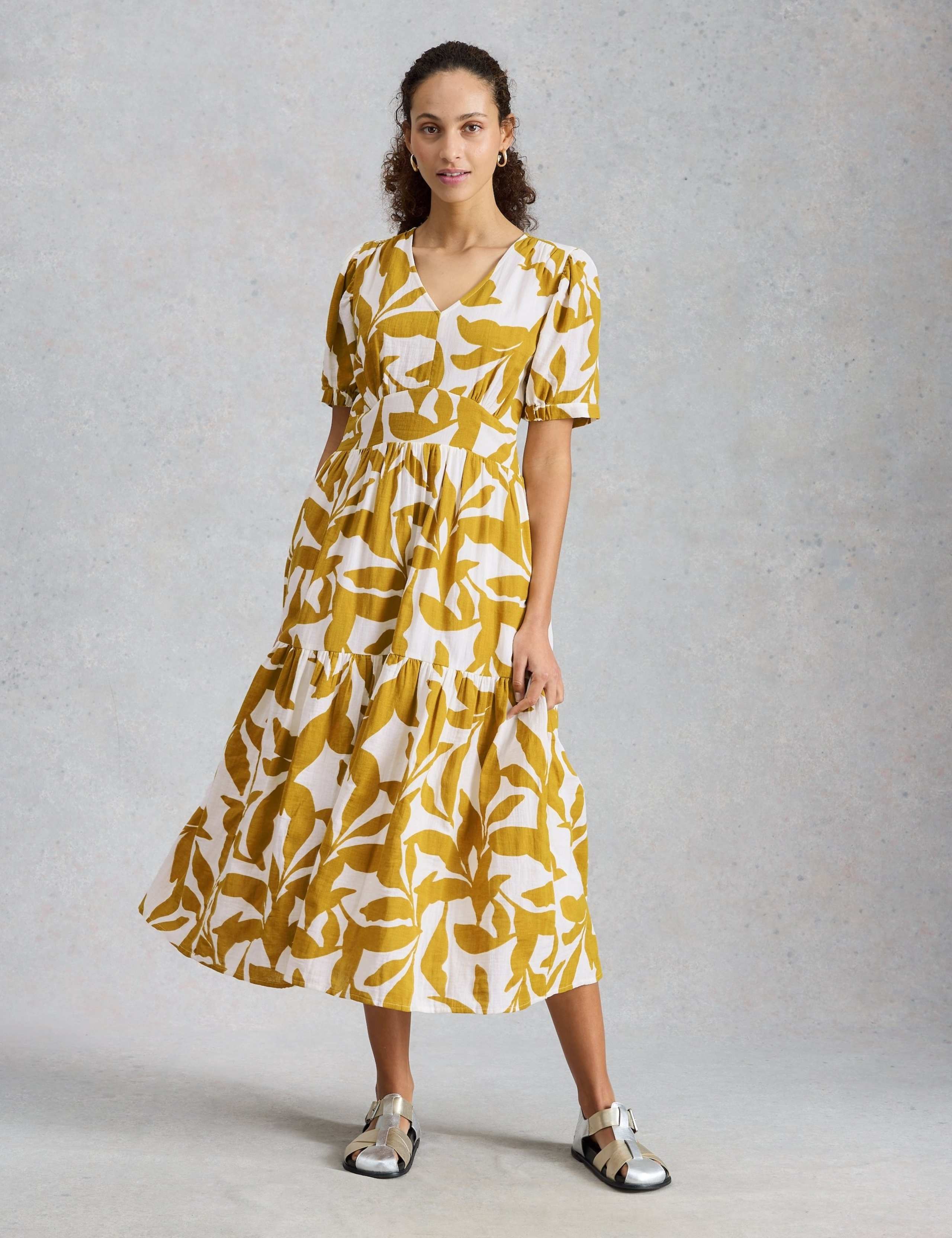 Pure Cotton Floral V-Neck Midi Tiered Dress 1 of 6