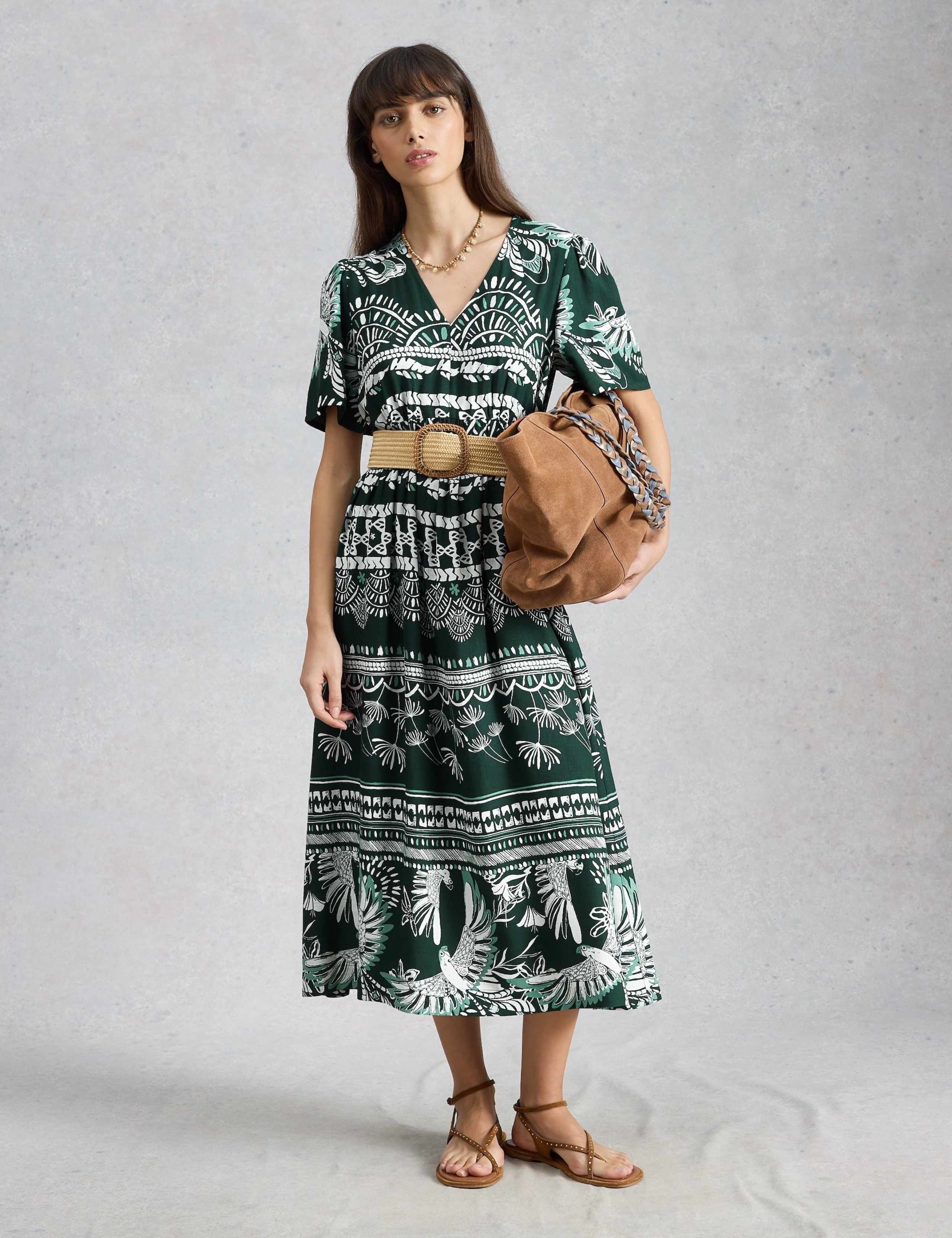 Printed V-Neck Midi Waisted Dress 1 of 6