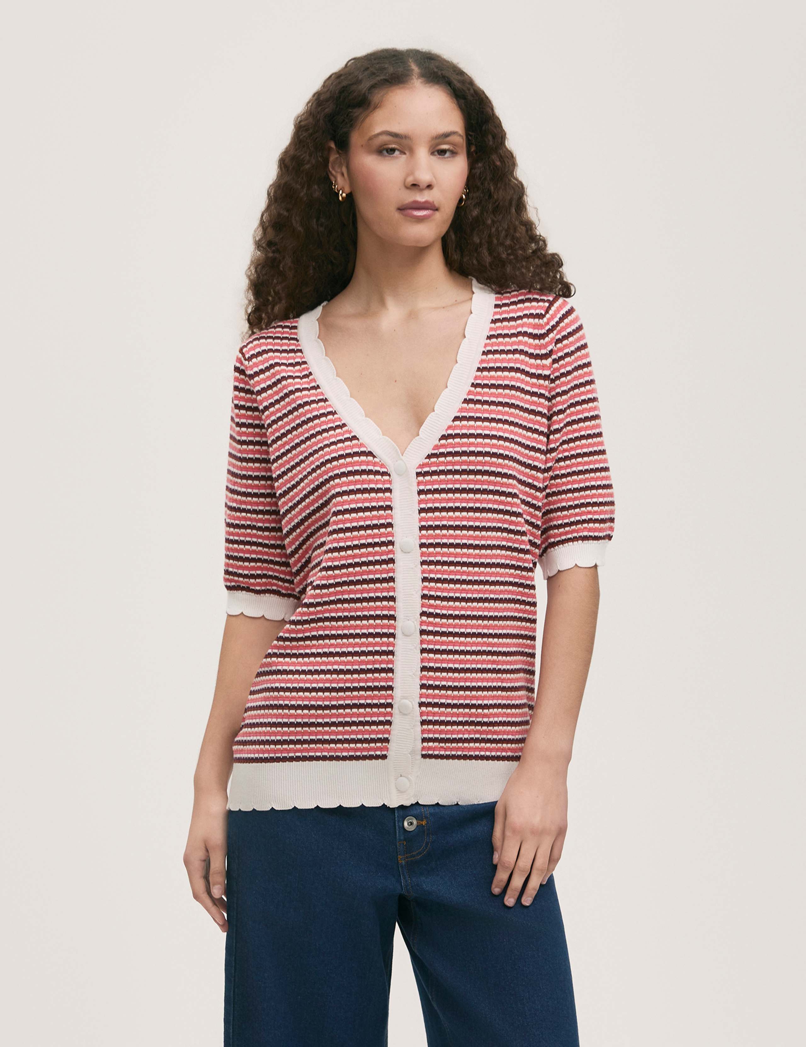 Pure Cotton Striped Short Sleeve Cardigan 1 of 4