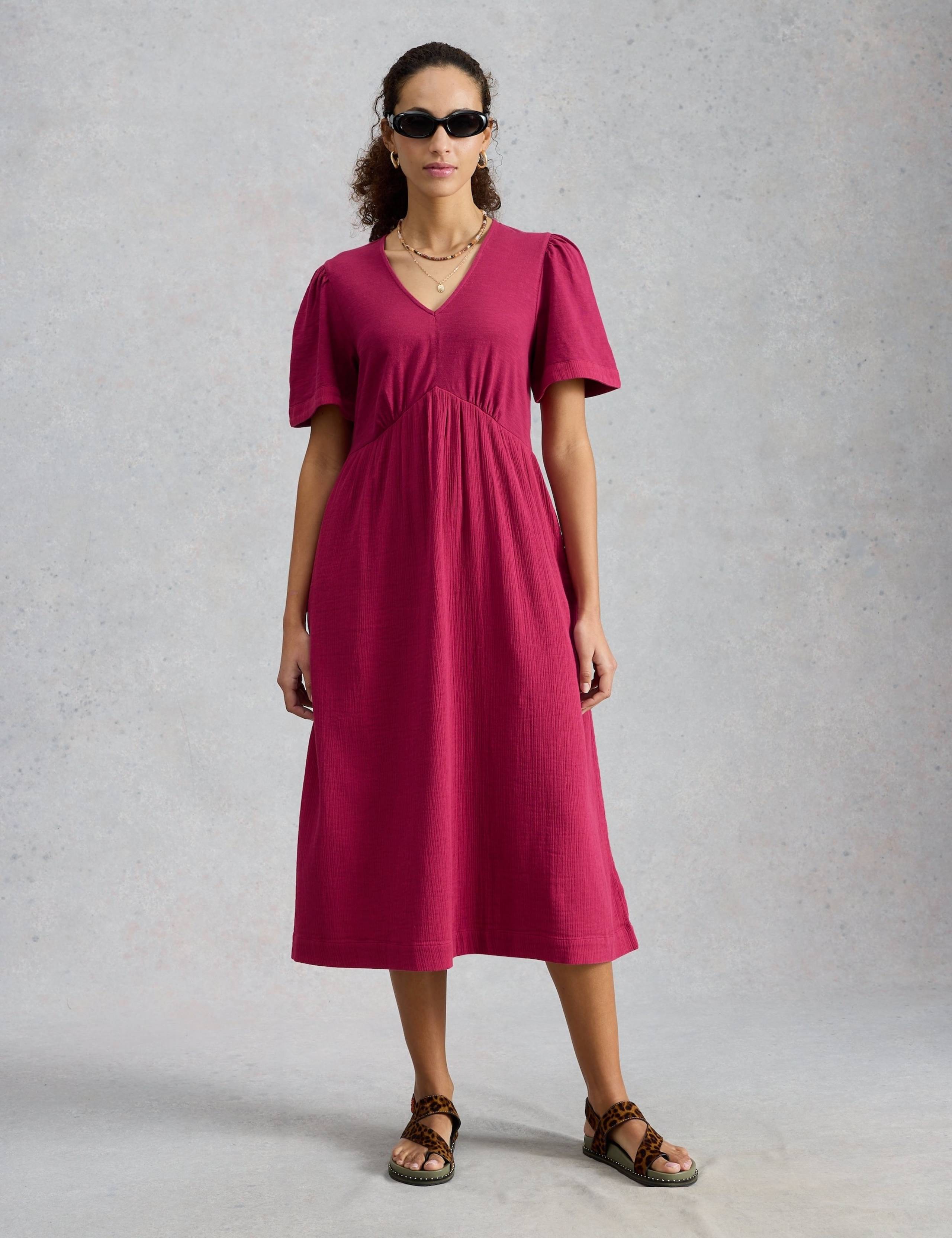 Pure Cotton V-Neck Textured Midi Waisted Dress 1 of 6