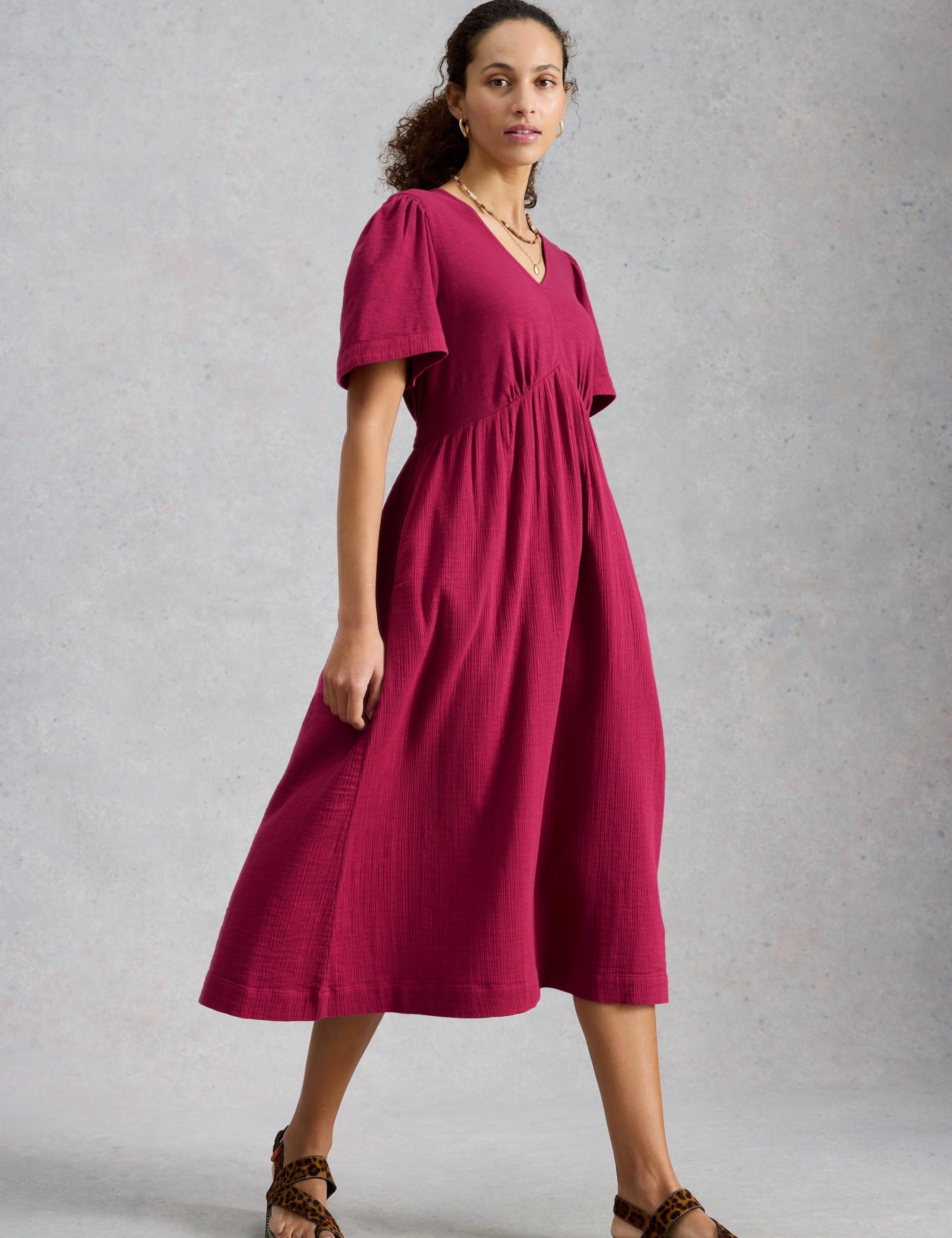 Pure Cotton V-Neck Textured Midi Waisted Dress 4 of 6