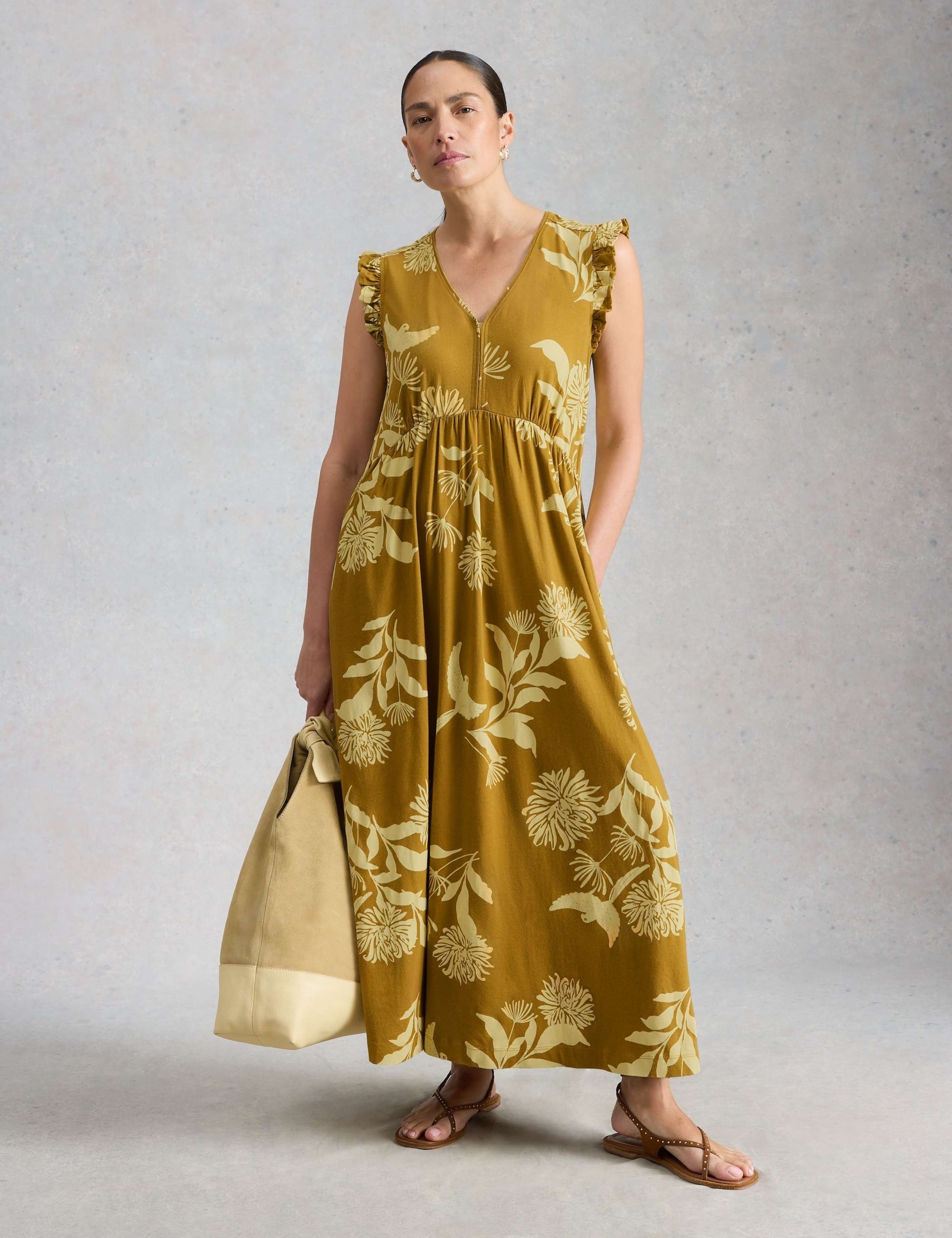 Cotton Modal Floral V-Neck Maxi Waisted Dress 1 of 6