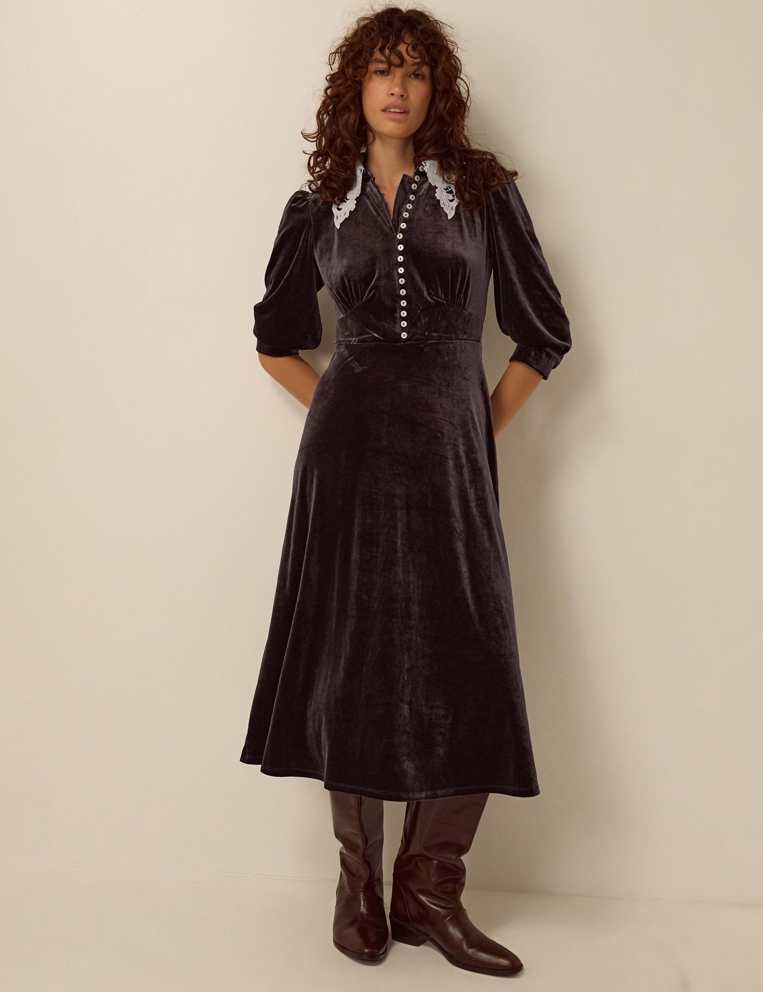 Velvet Lace Collar Midi Dress 1 of 4