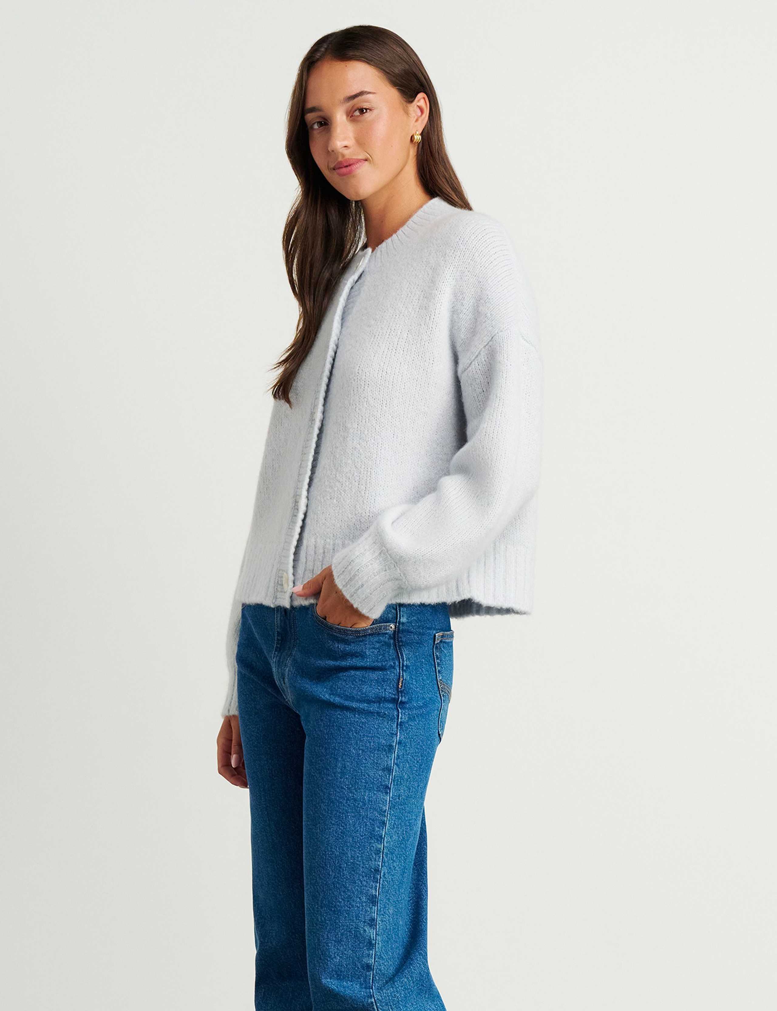 Wool Blend Crew Neck Cardigan with Alpaca 3 of 7