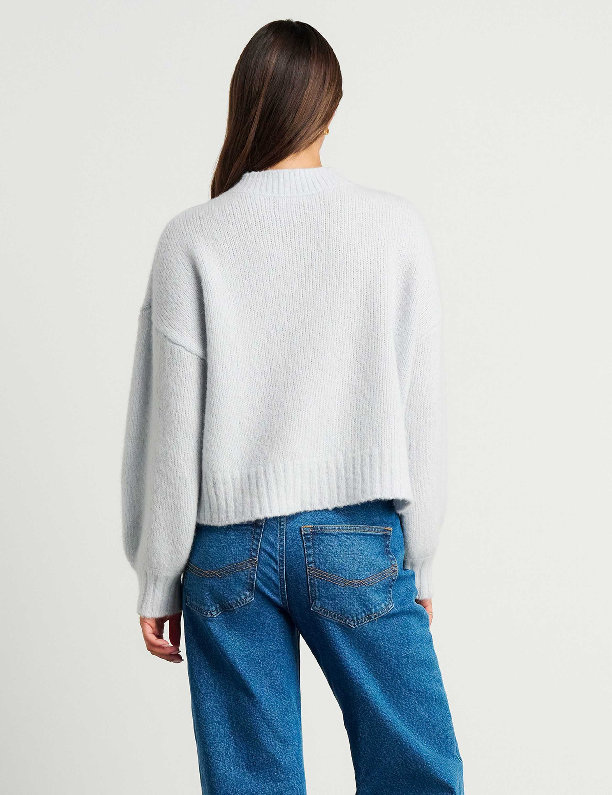 Wool Blend Crew Neck Cardigan with Alpaca 7 of 7