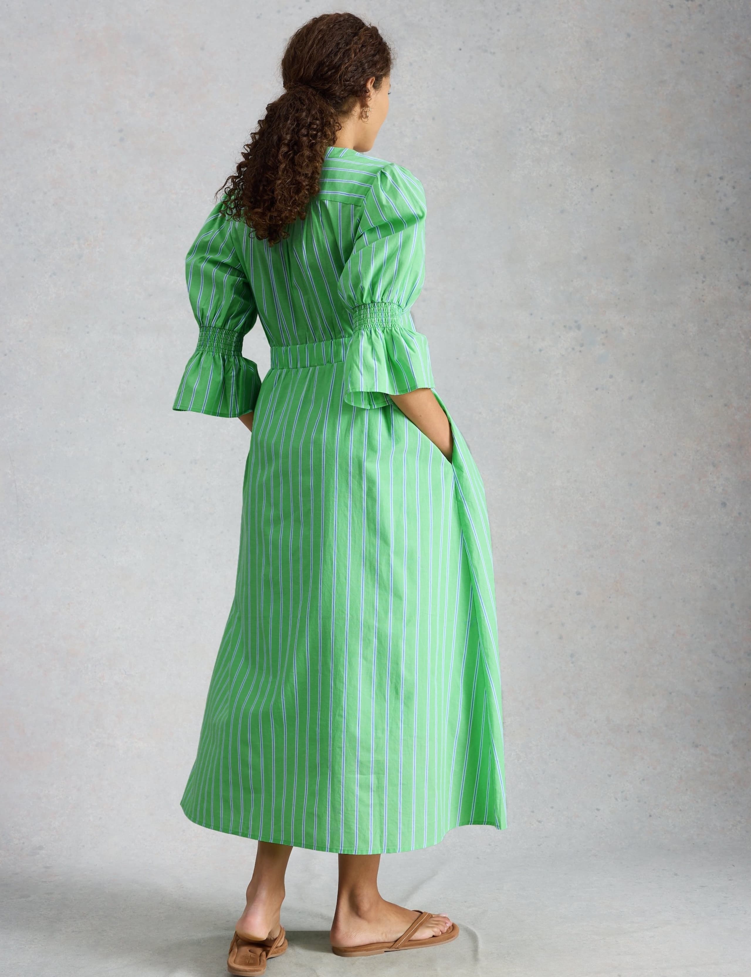 Pure Cotton Striped Midaxi Shirred Dress 4 of 6