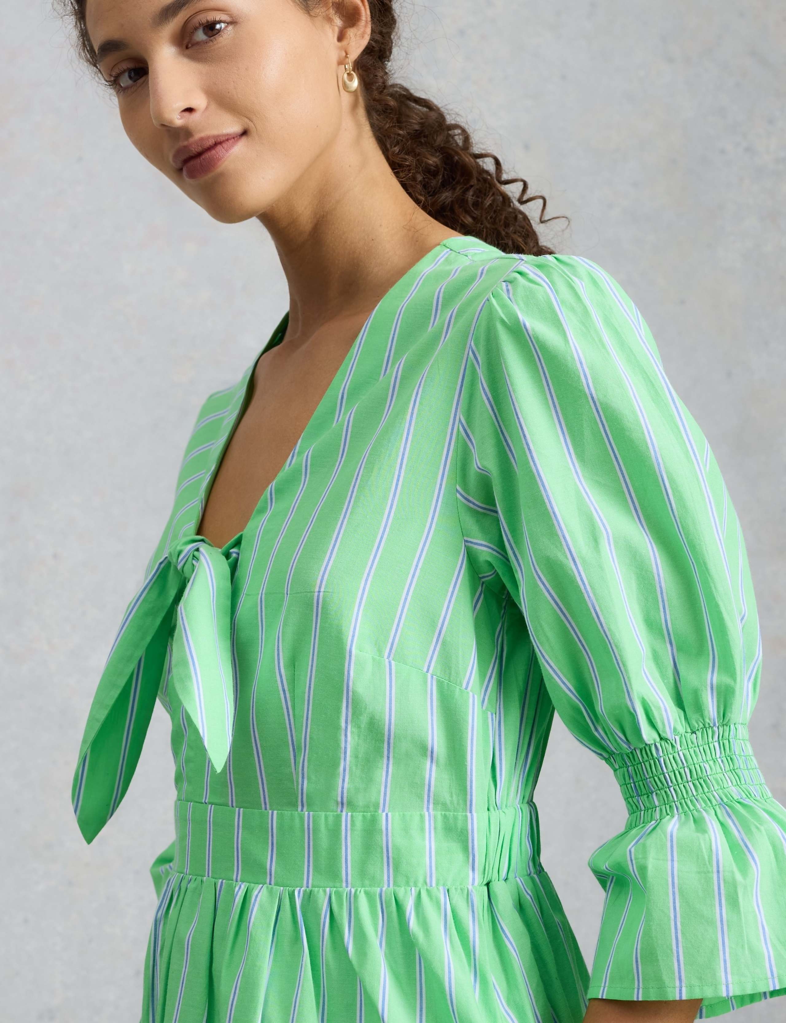 Pure Cotton Striped Midaxi Shirred Dress 5 of 6