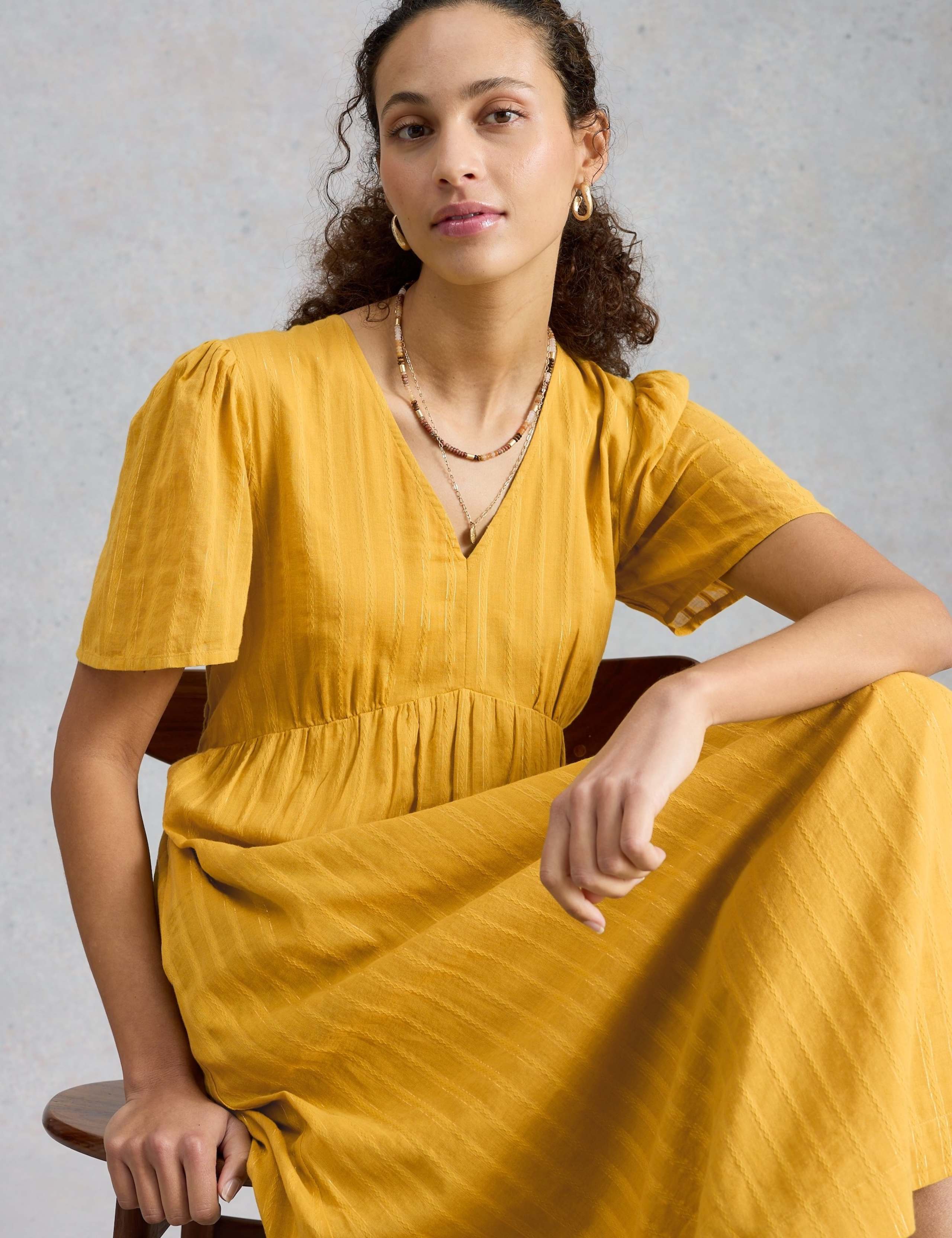 Pure Cotton Textured V-Neck Midi Waisted Dress 3 of 6