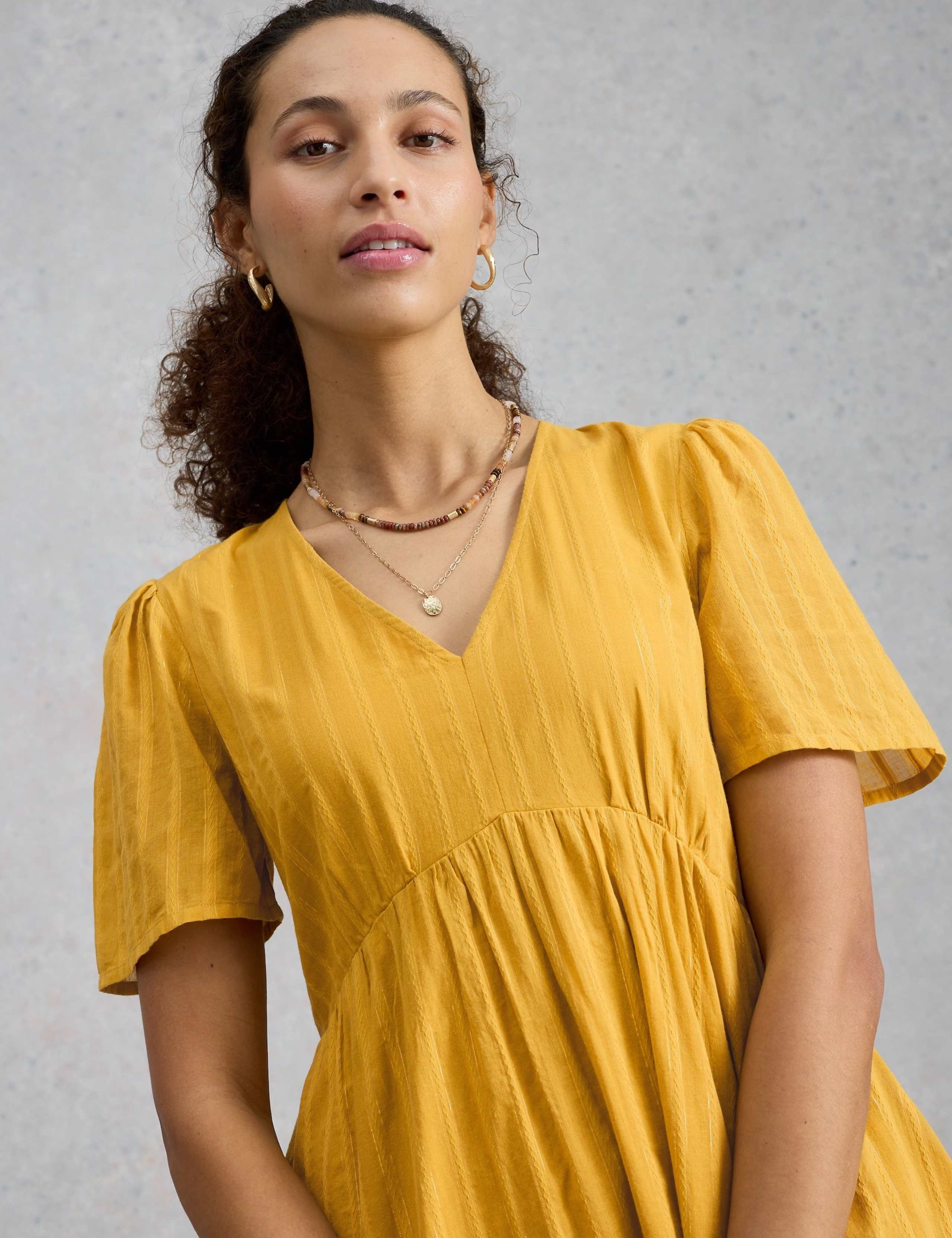 Pure Cotton Textured V-Neck Midi Waisted Dress 4 of 6