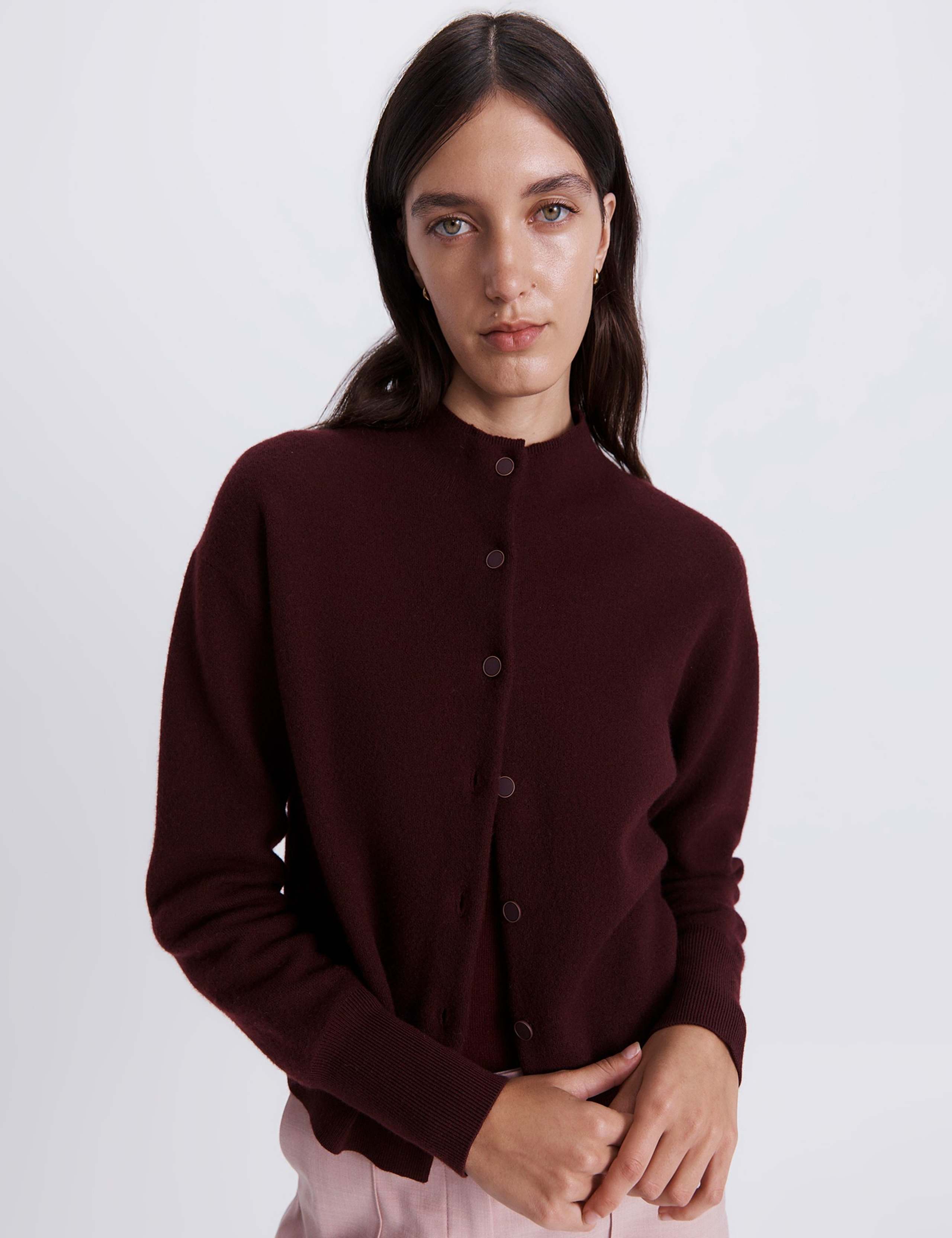 Boiled Wool Rich Crew Neck Button Front Cardigan 2 of 7