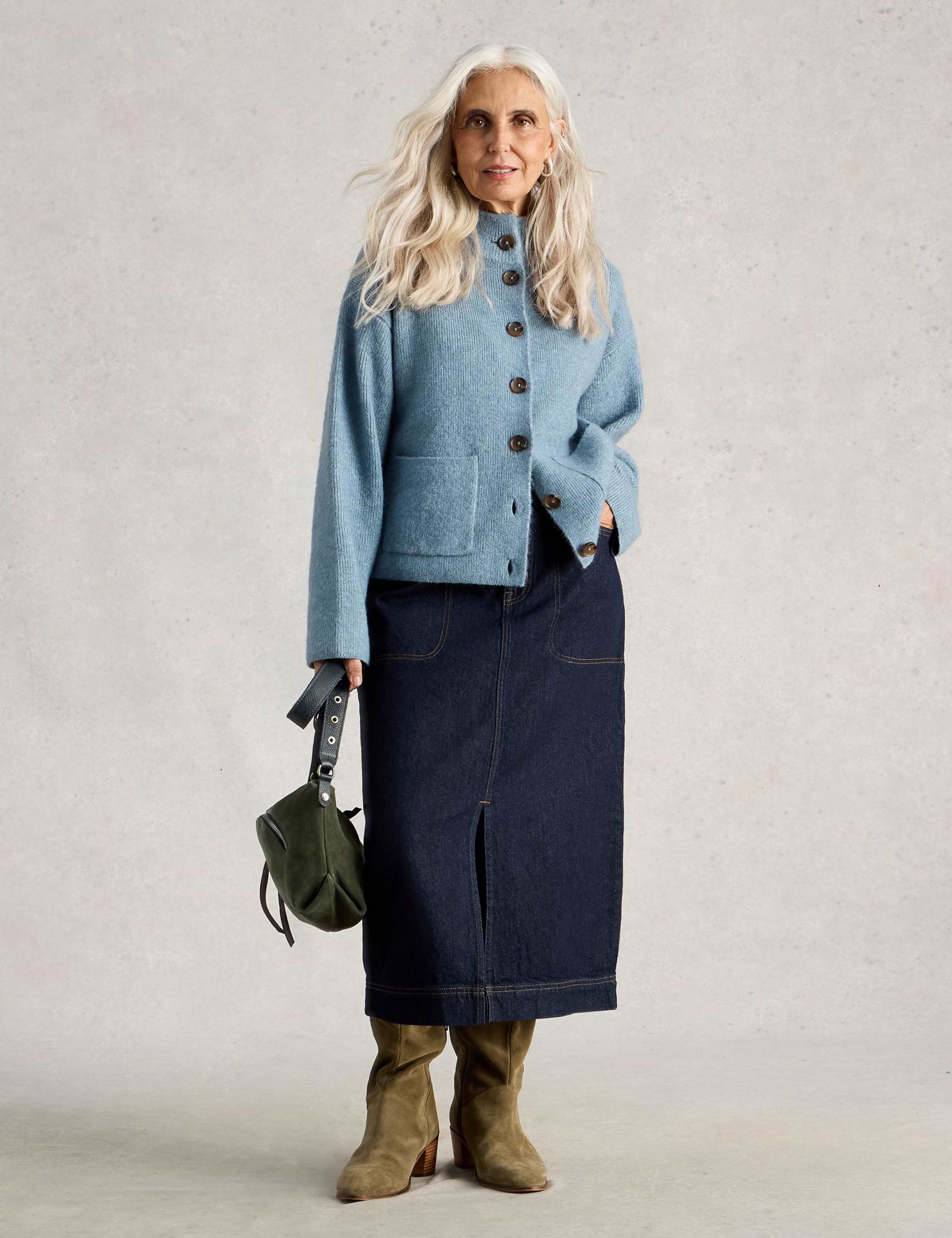 Cotton Rich Denim Split Front Midi Skirt 1 of 6