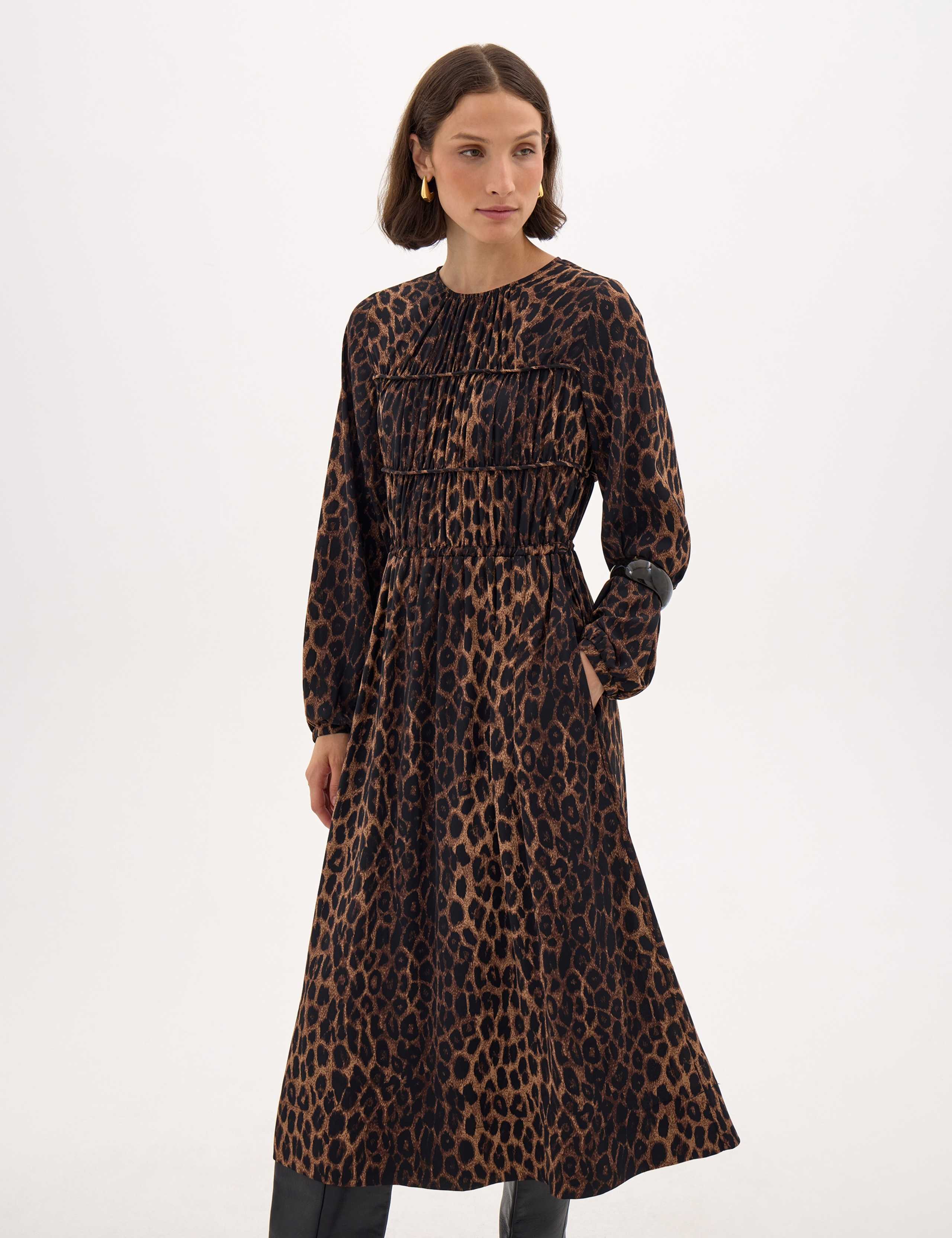 Chiffon Animal Print Gathered Midi Waisted Dress 1 of 6