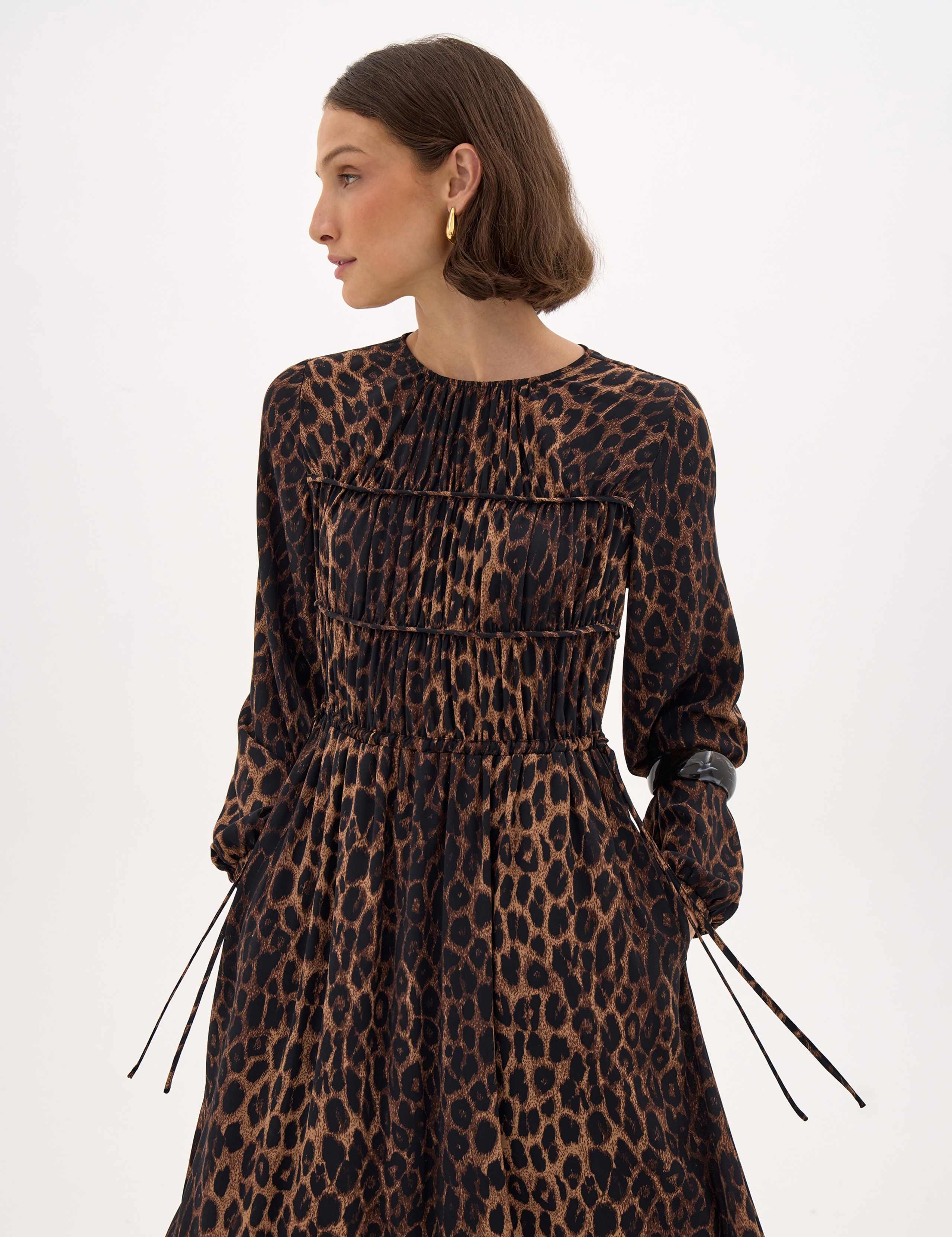 Chiffon Animal Print Gathered Midi Waisted Dress 4 of 6