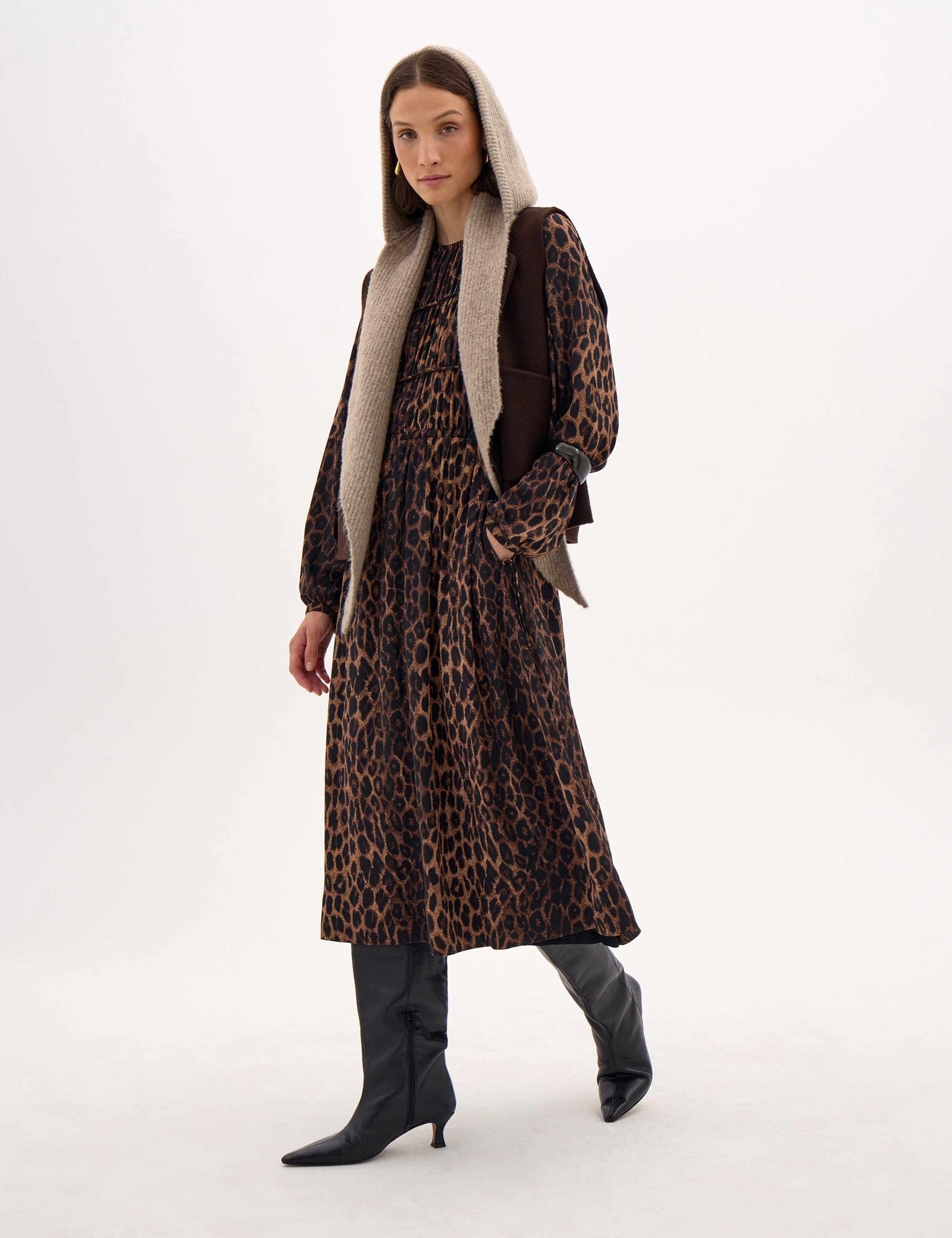 Chiffon Animal Print Gathered Midi Waisted Dress 5 of 6