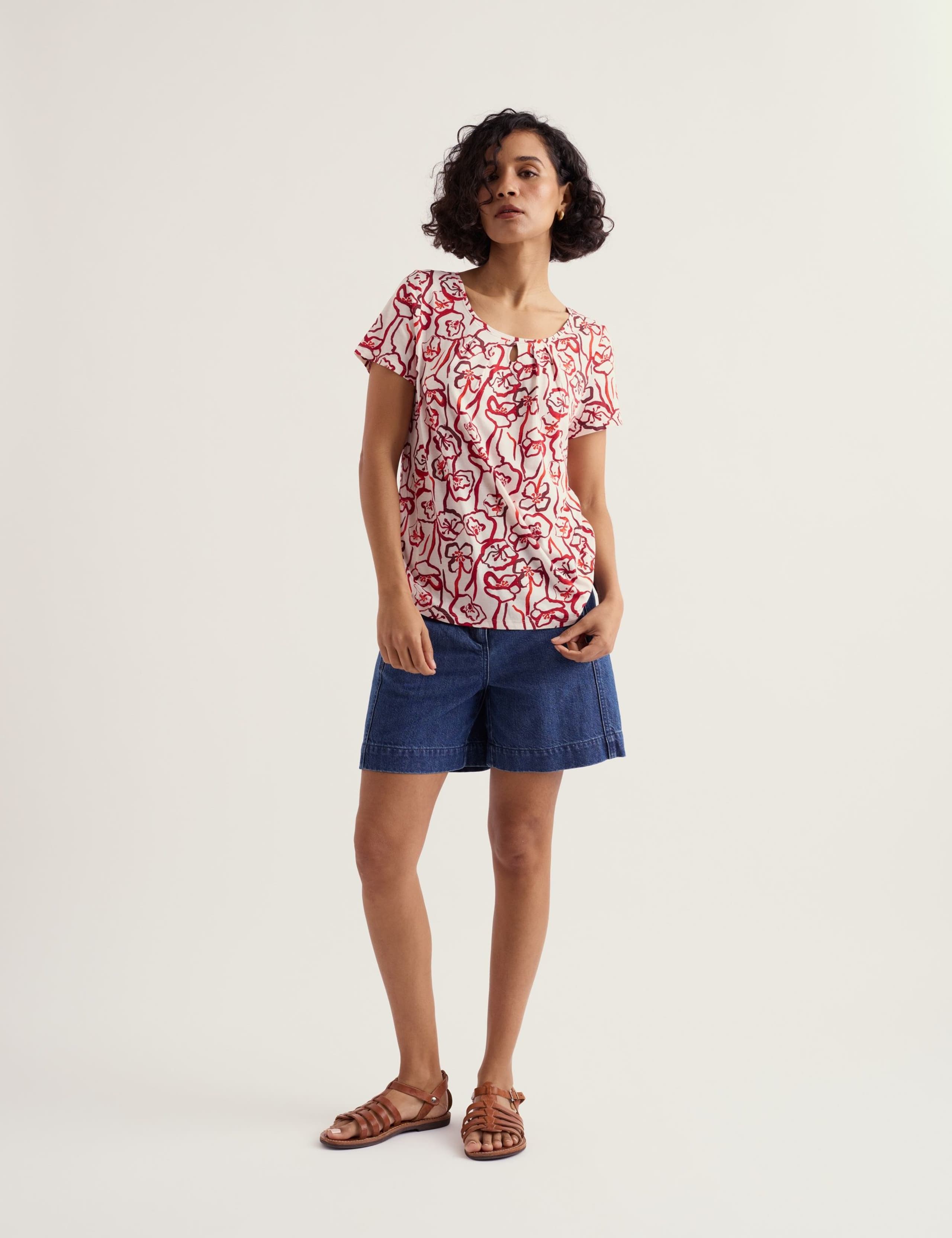 Cotton Blend Floral Pintuck Keyhole T-Shirt 1 of 5