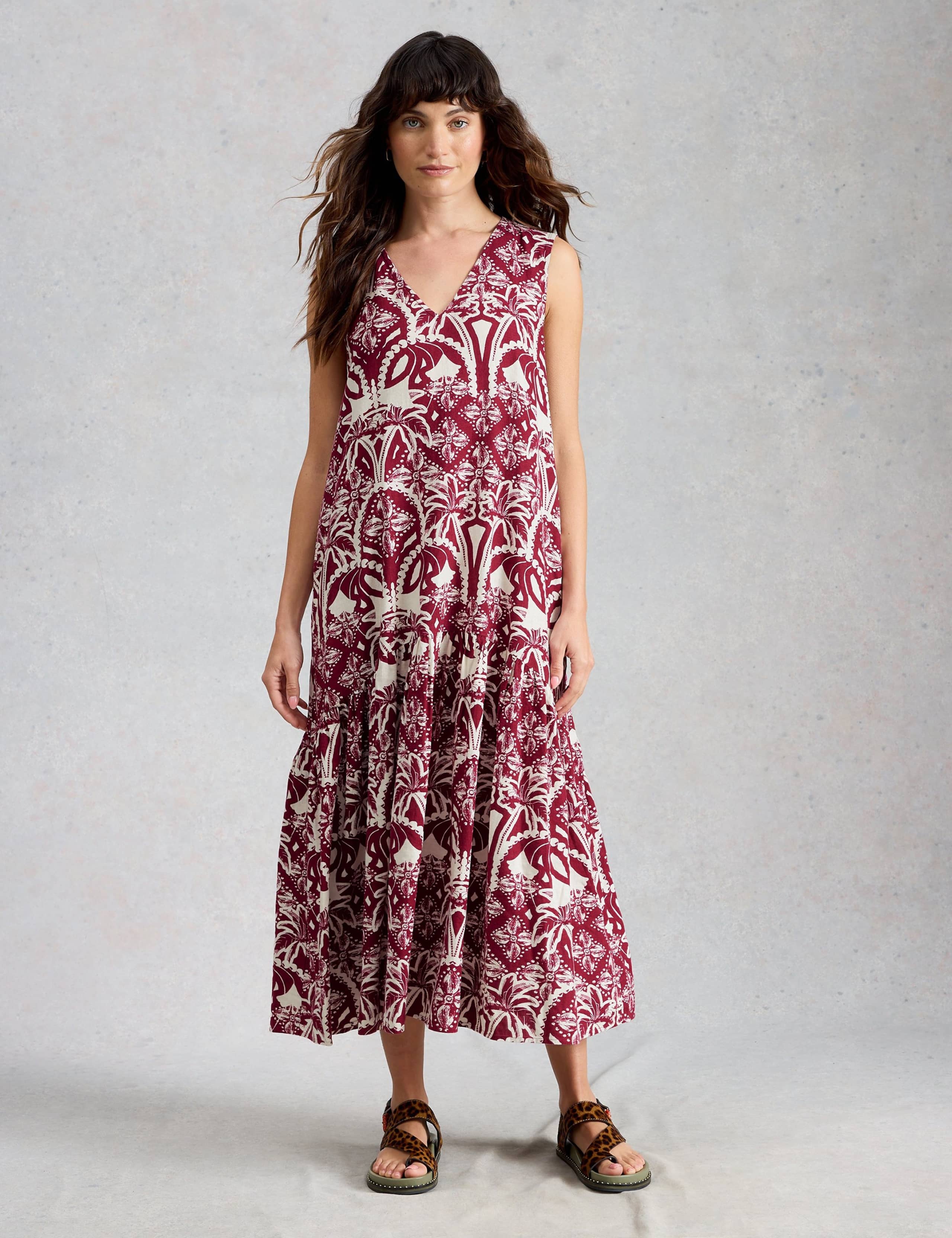 Linen Rich Printed Midi Tiered Dress 1 of 6