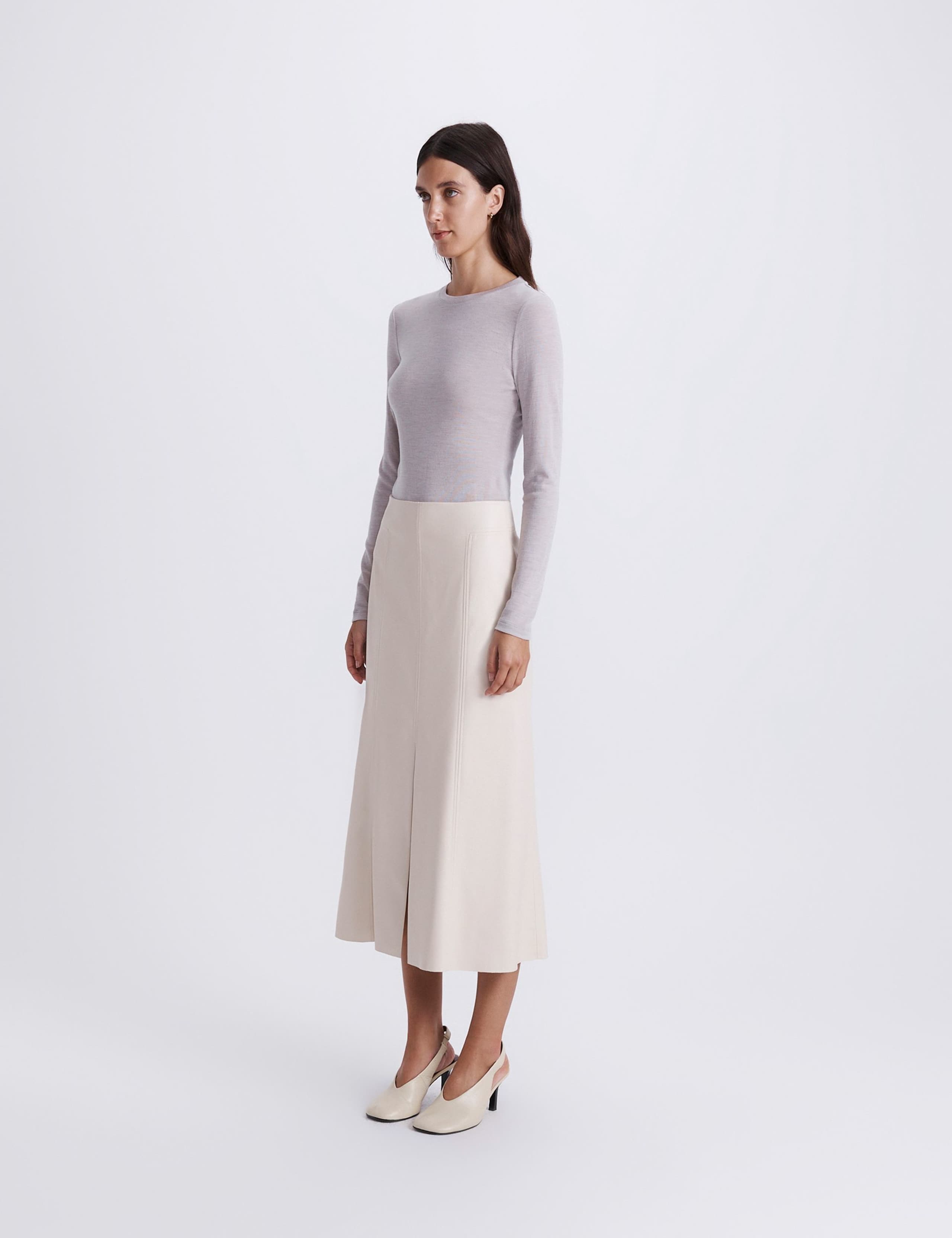 Faux Leather Split Front Midi A-Line Skirt 2 of 5