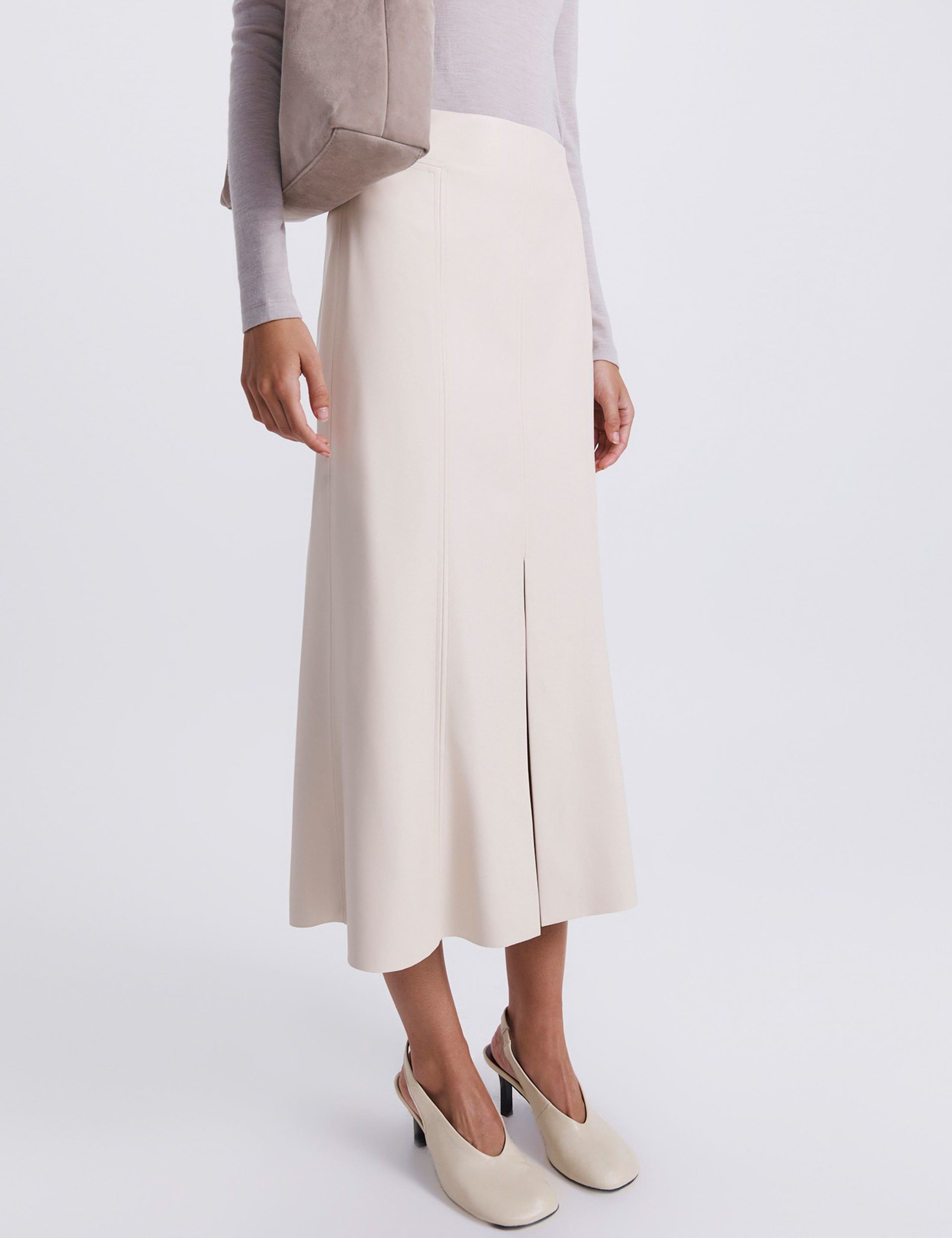 Faux Leather Split Front Midi A-Line Skirt 5 of 5