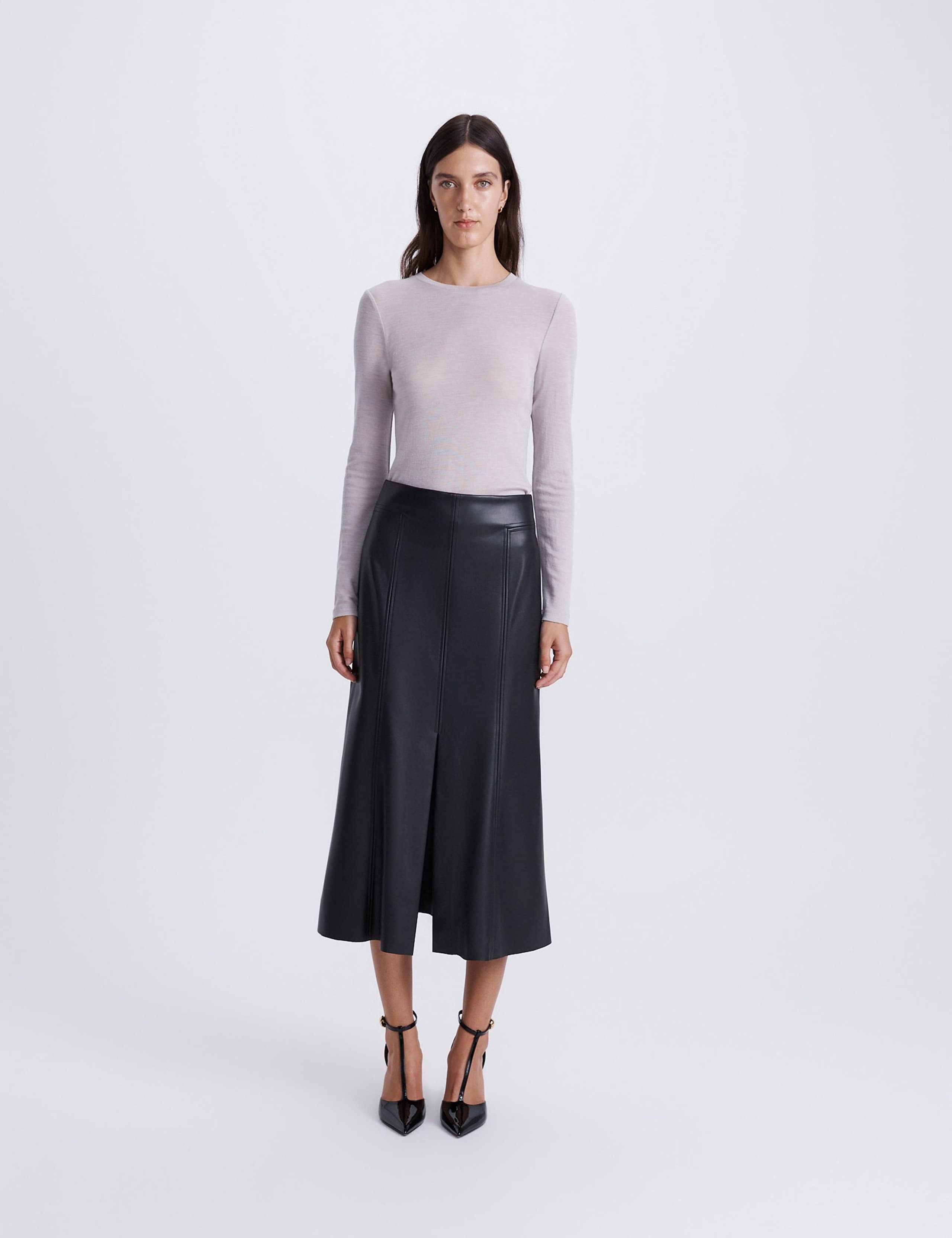 Faux Leather Split Front Midi A-Line Skirt 2 of 4