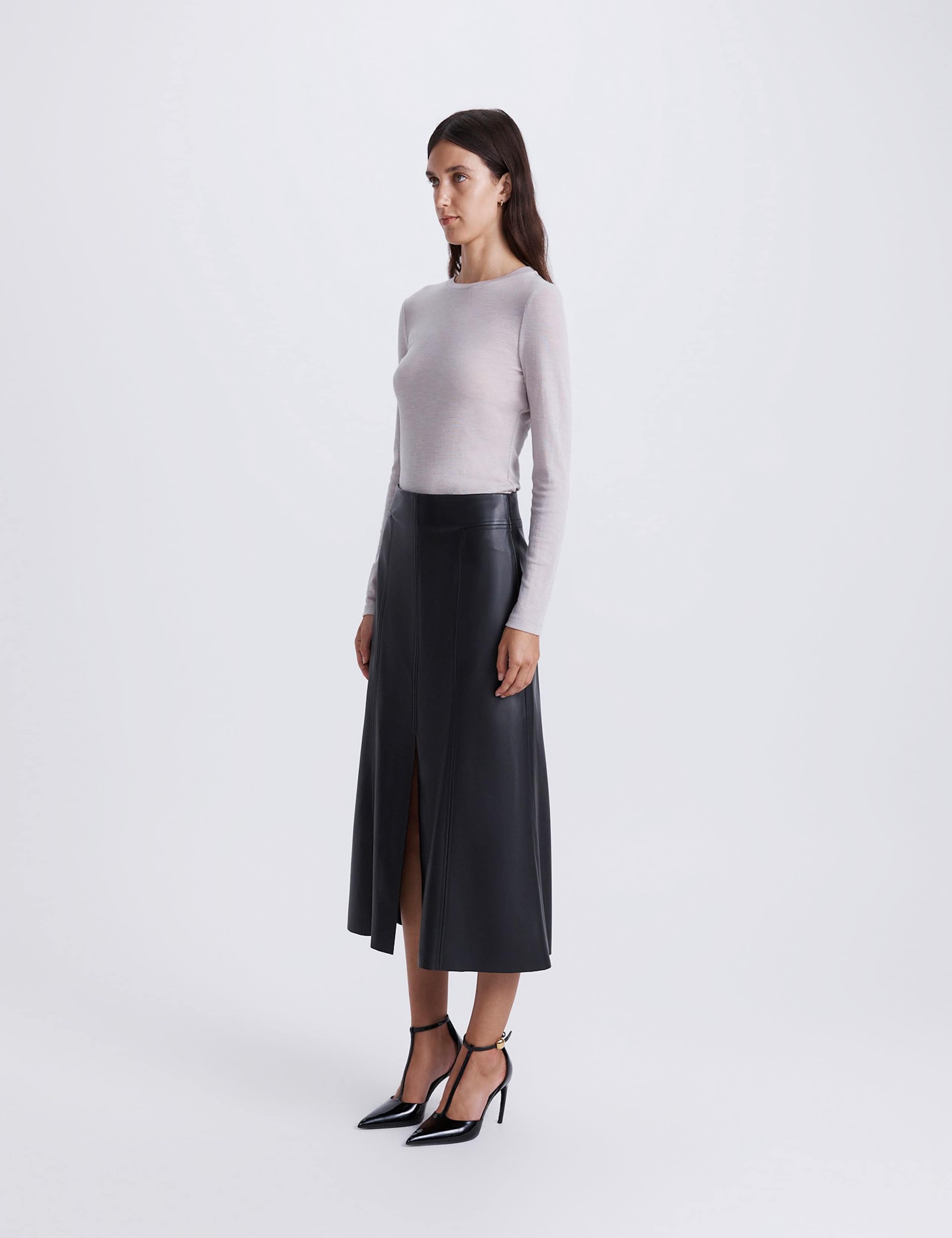 Faux Leather Split Front Midi A-Line Skirt 3 of 4